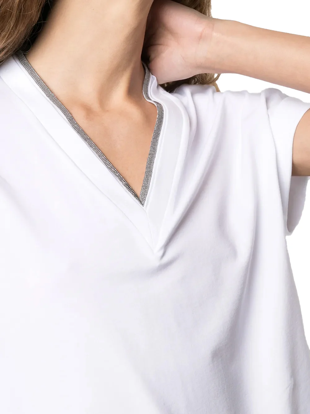 Brunello Cucinelli Women silver trim V-neck T-shirt White - Image 2