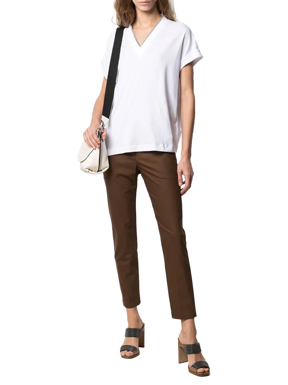 Brunello Cucinelli Women silver trim V-neck T-shirt White - Image 3