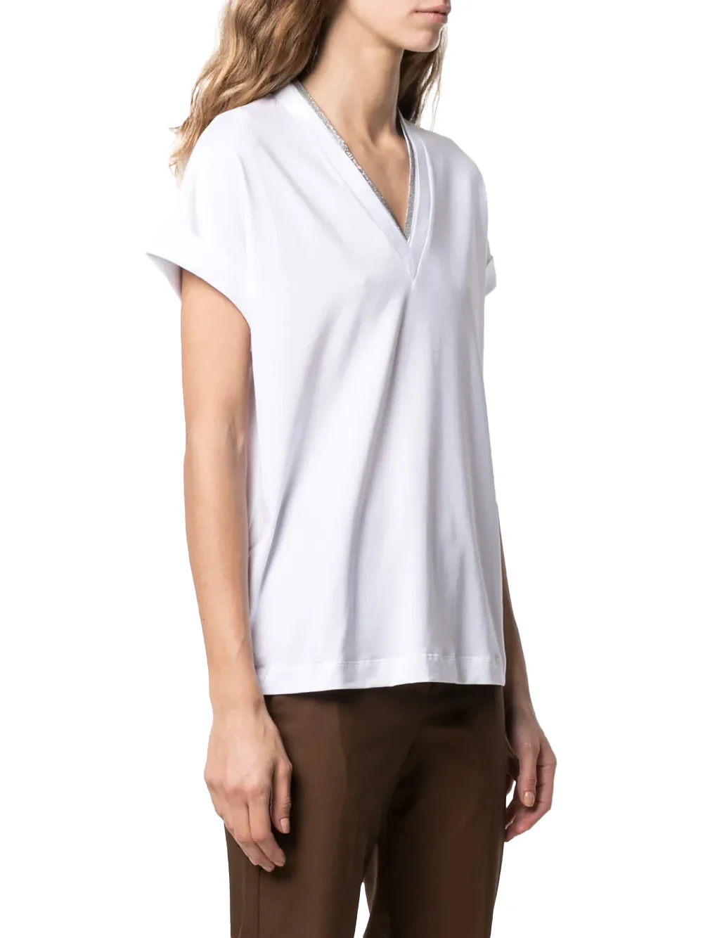 Brunello Cucinelli Women silver trim V-neck T-shirt White - Image 4