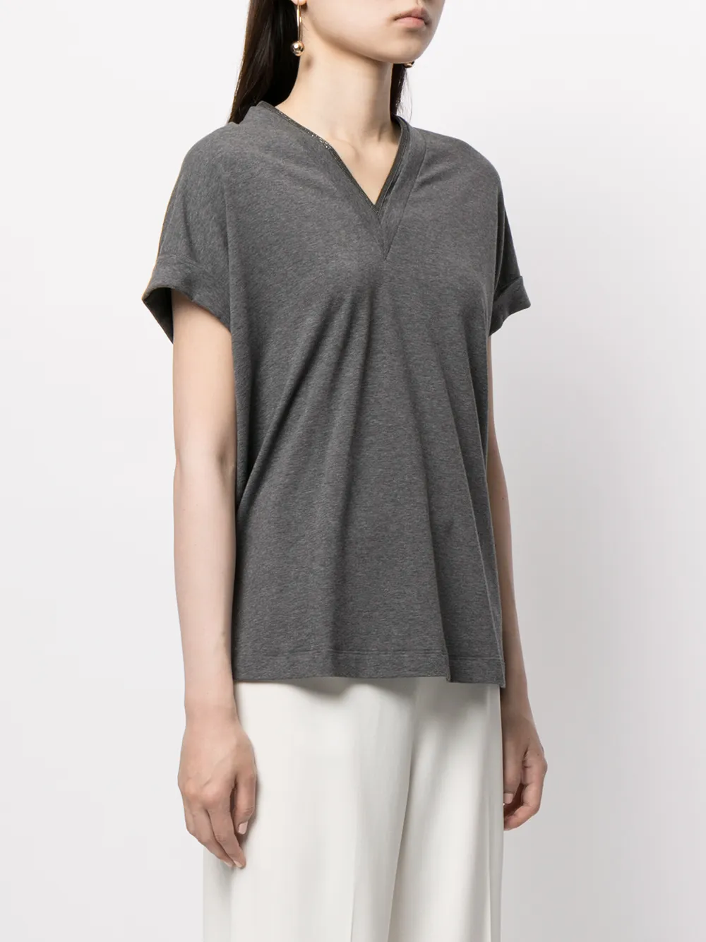 Brunello Cucinelli Women Cap-Sleeve Knitted T-Shirt Grey - Image 4