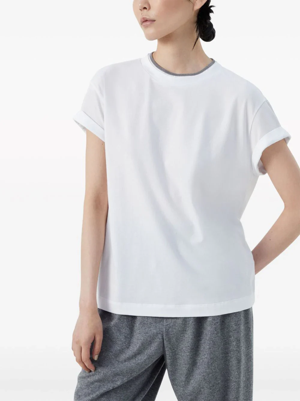 Brunello Cucinelli Women Contrast Layered T-Shirt White - Image 6