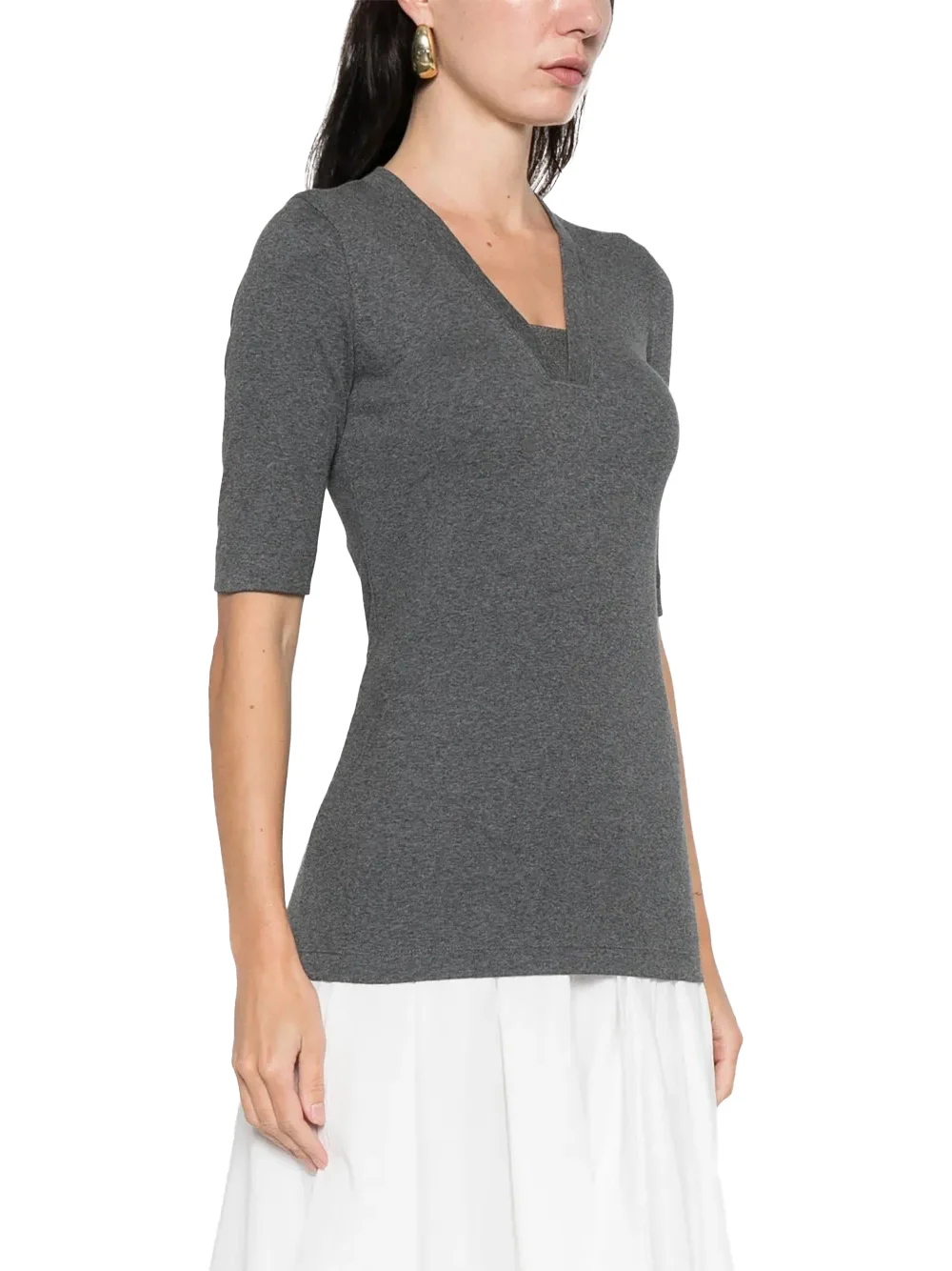 Brunello Cucinelli V-neck Embellished T-shirt Grey - Image 3