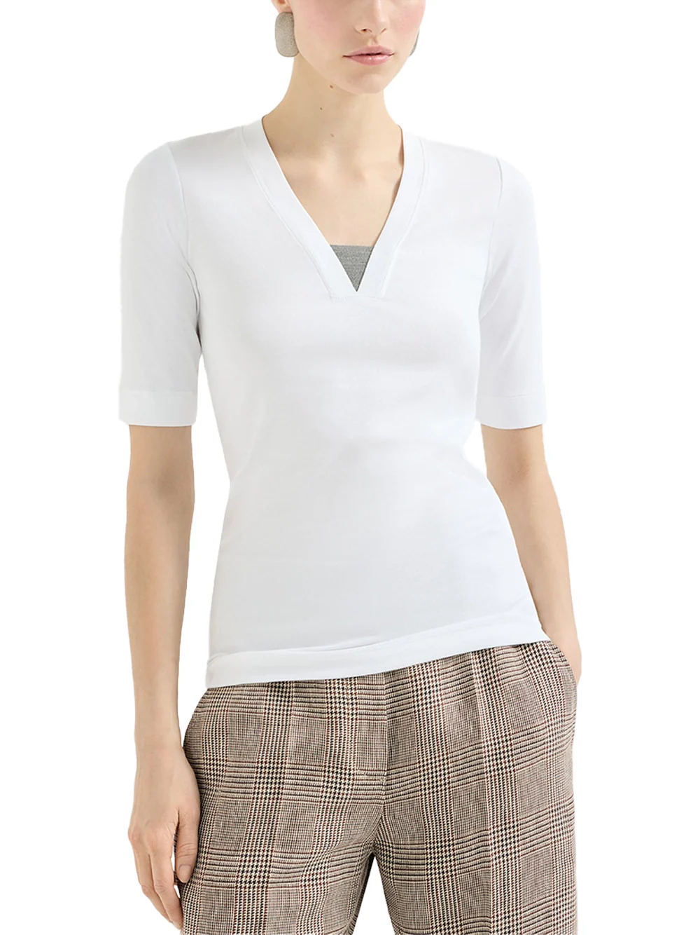 Brunello Cucinelli V-neck Embellished T-shirt White - Image 3