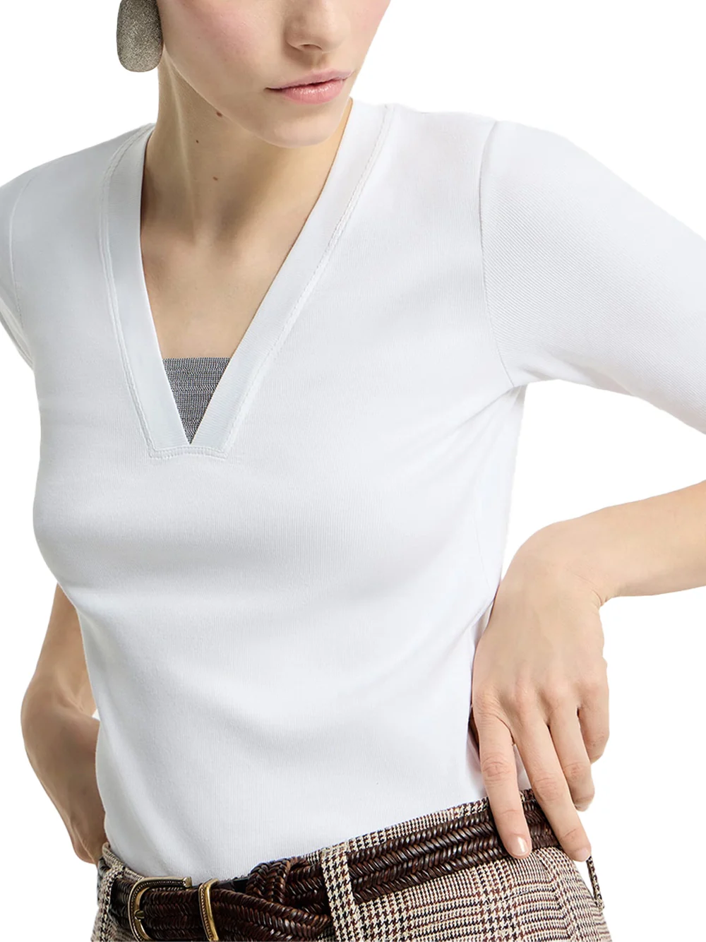 Brunello Cucinelli V-neck Embellished T-shirt White - Image 4