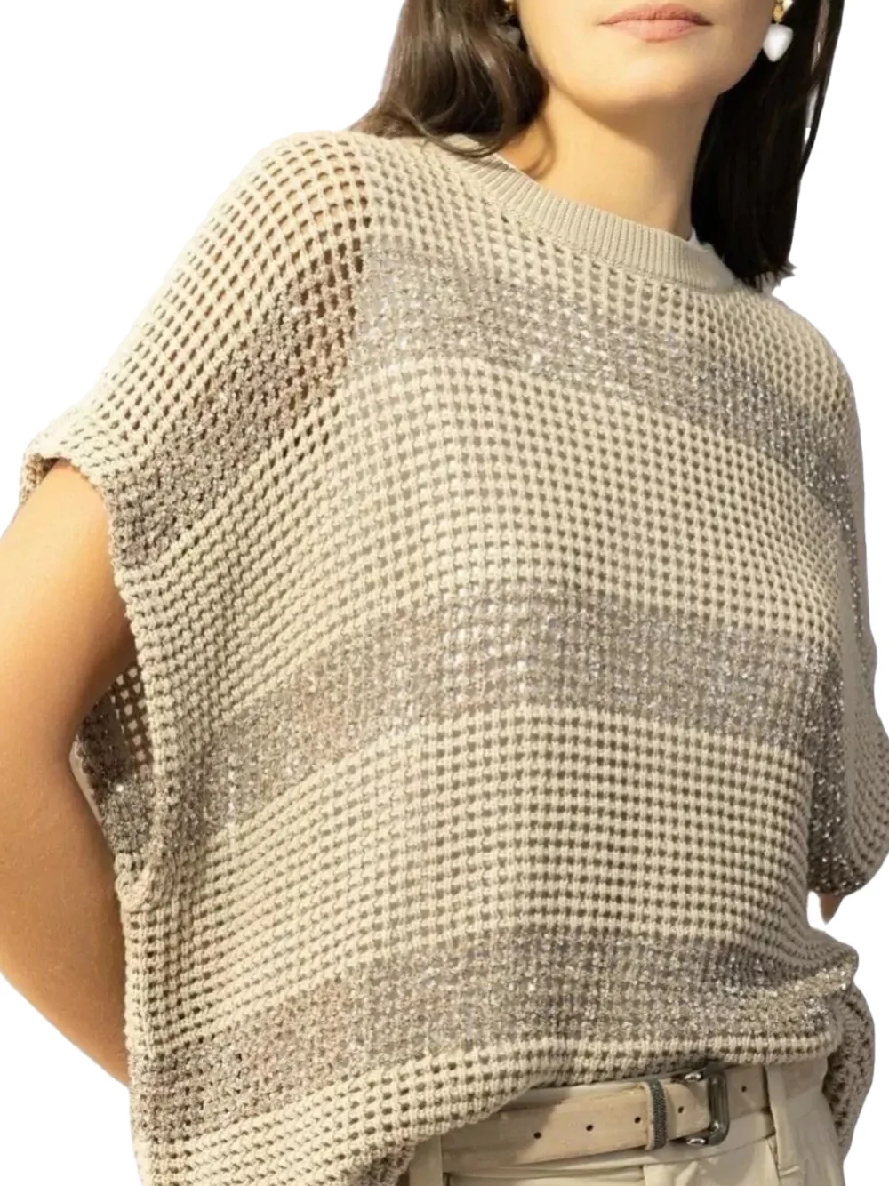 Brunello Cucinelli Short Sleeve Sweater Beige - Image 3