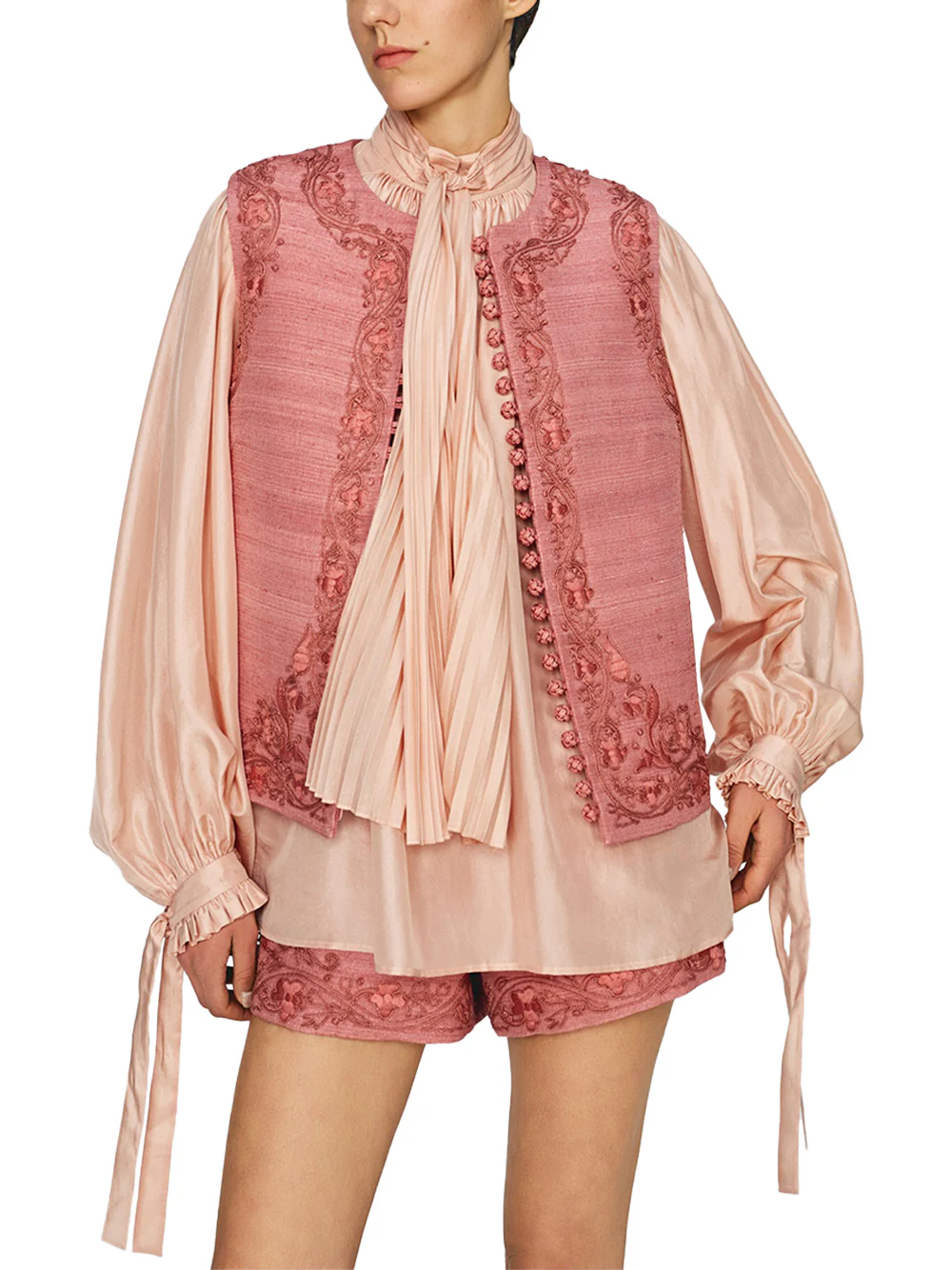 Into The East Soft Pink Women embroidered buttoned tussah silk vest - Image 3