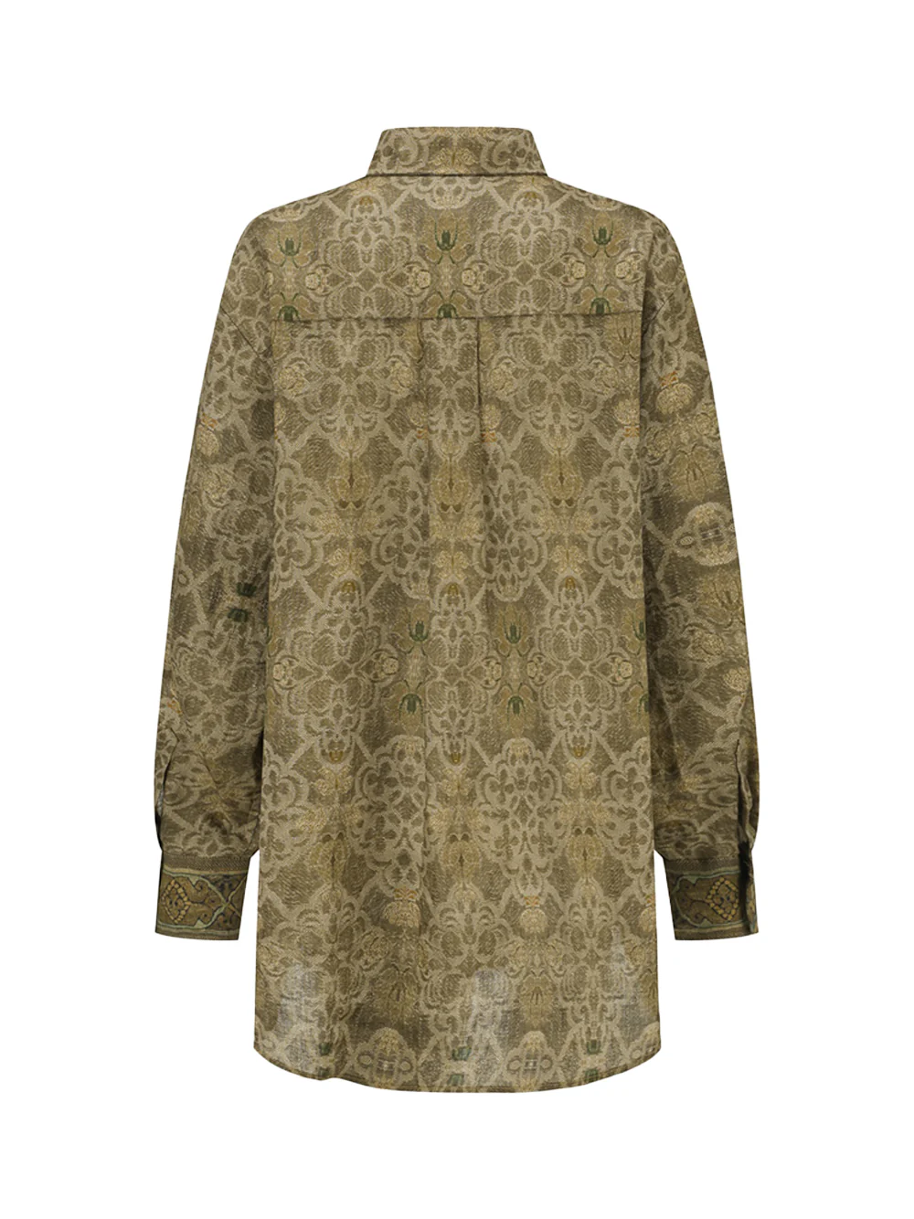 Into The East Women Moss Green Tone-on-Tone Printed Linen Shirt - Image 2