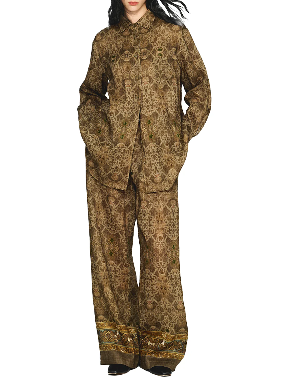 Into The East Women Moss Green Tone-on-Tone Printed Linen Shirt - Image 3