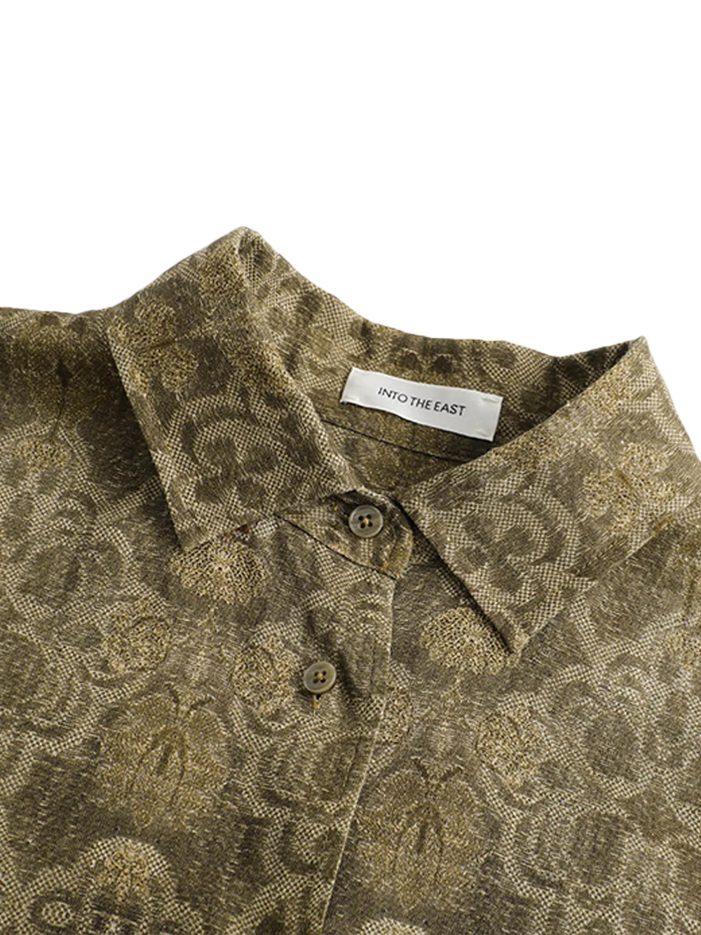Into The East Women Moss Green Tone-on-Tone Printed Linen Shirt - Image 6