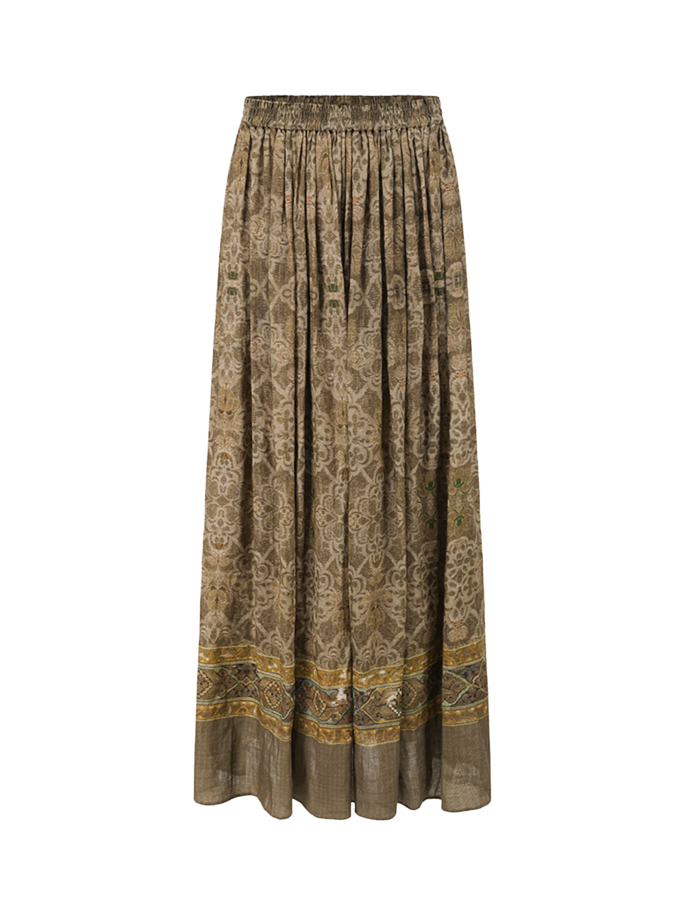 Into The East Women Moss Green Tone-on-Tone Printed Linen Skirt - Image 2