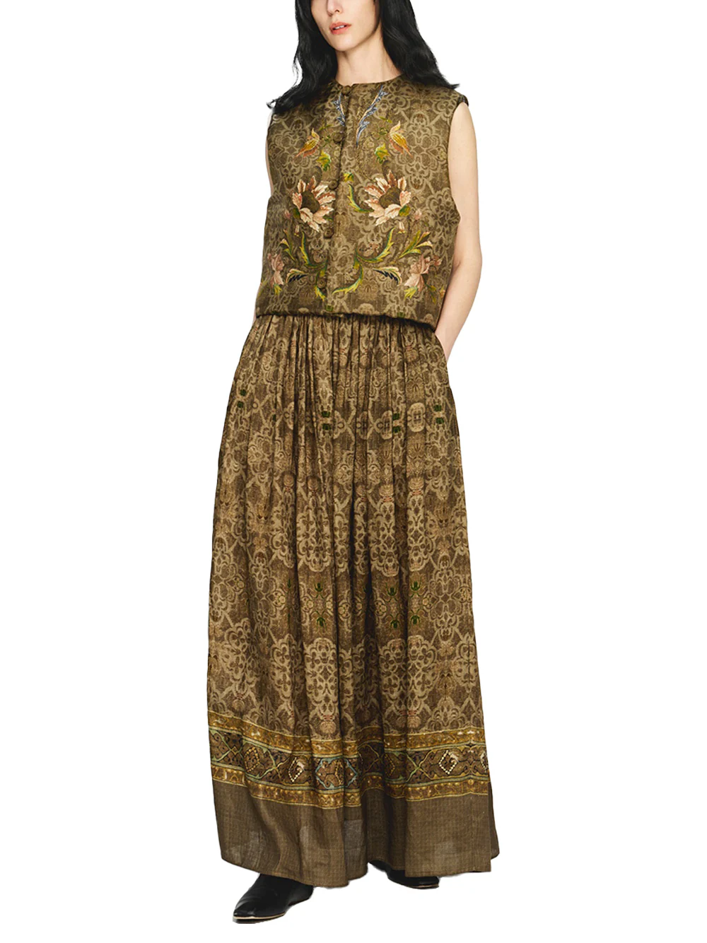 Into The East Women Moss Green Tone-on-Tone Printed Linen Skirt - Image 3