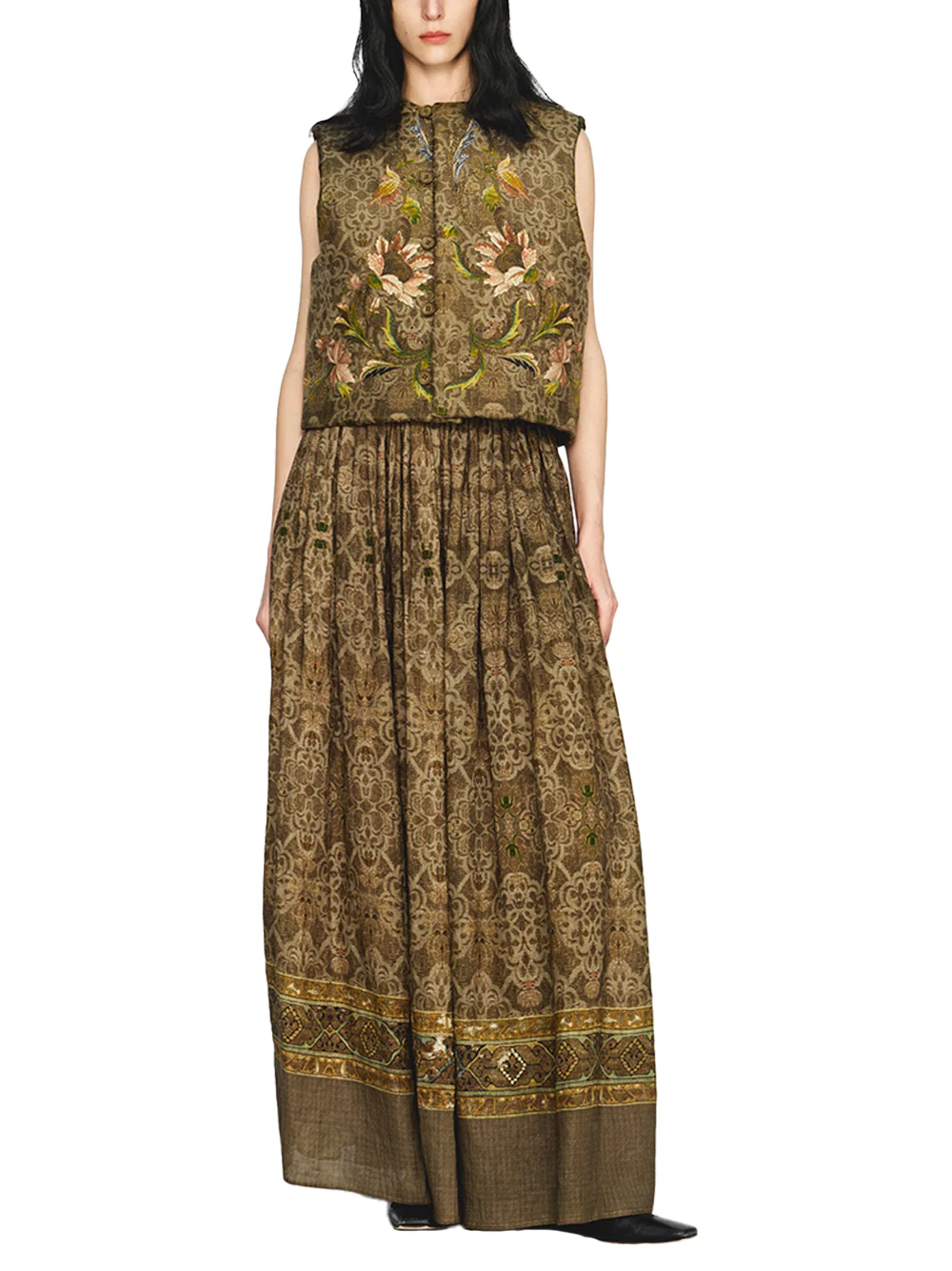 Into The East Women Moss Green Tone-on-Tone Printed Linen Skirt - Image 4