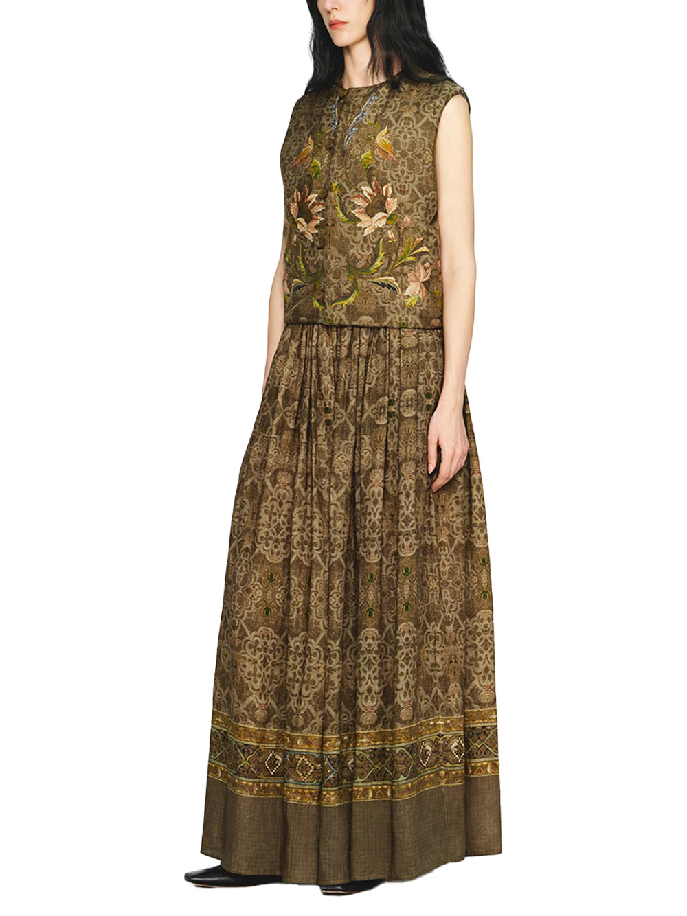 Into The East Women Moss Green Tone-on-Tone Printed Linen Skirt - Image 5