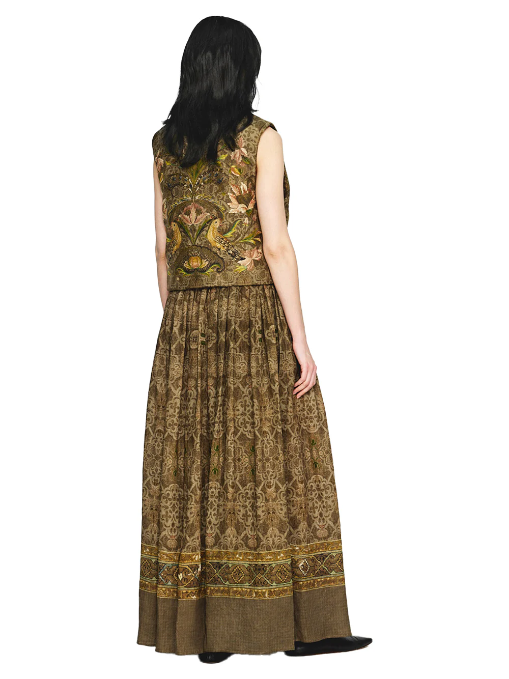 Into The East Women Moss Green Tone-on-Tone Printed Linen Skirt - Image 6