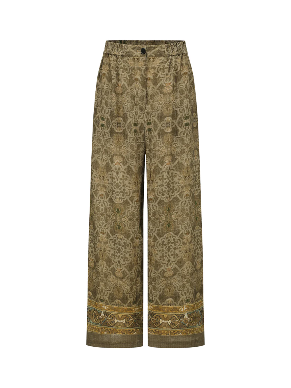 Into The East Women Moss Green Tone-on-Tone Printed Linen Straight-Leg Trousers - Image 2