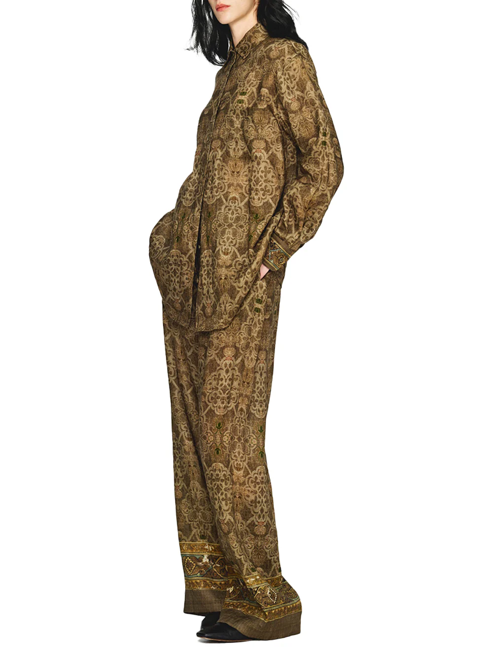 Into The East Women Moss Green Tone-on-Tone Printed Linen Straight-Leg Trousers - Image 4