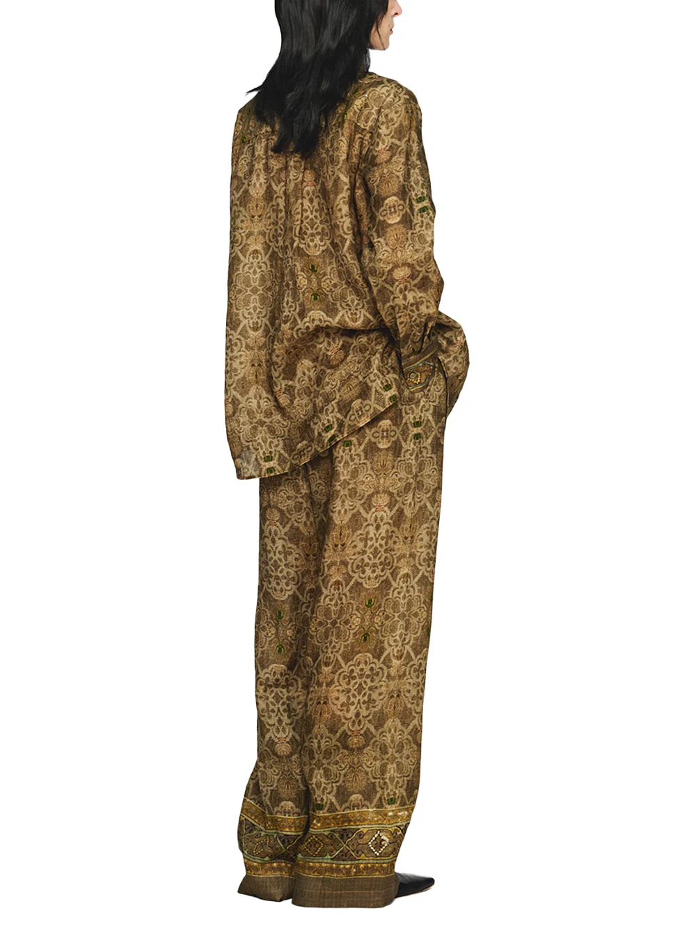 Into The East Women Moss Green Tone-on-Tone Printed Linen Straight-Leg Trousers - Image 5