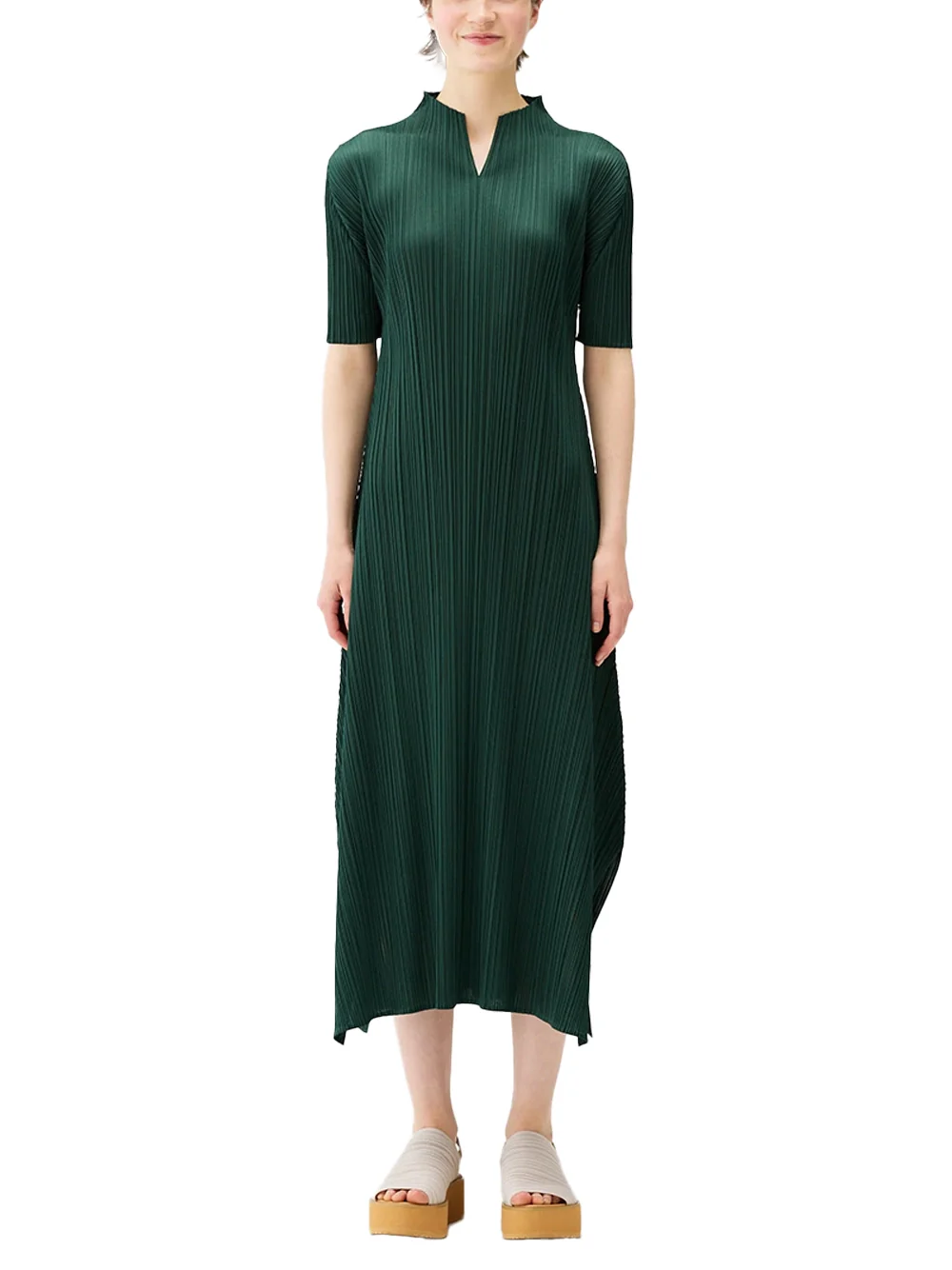 Issey Miyake Pleats Please V Dress Dark Green - Image 2