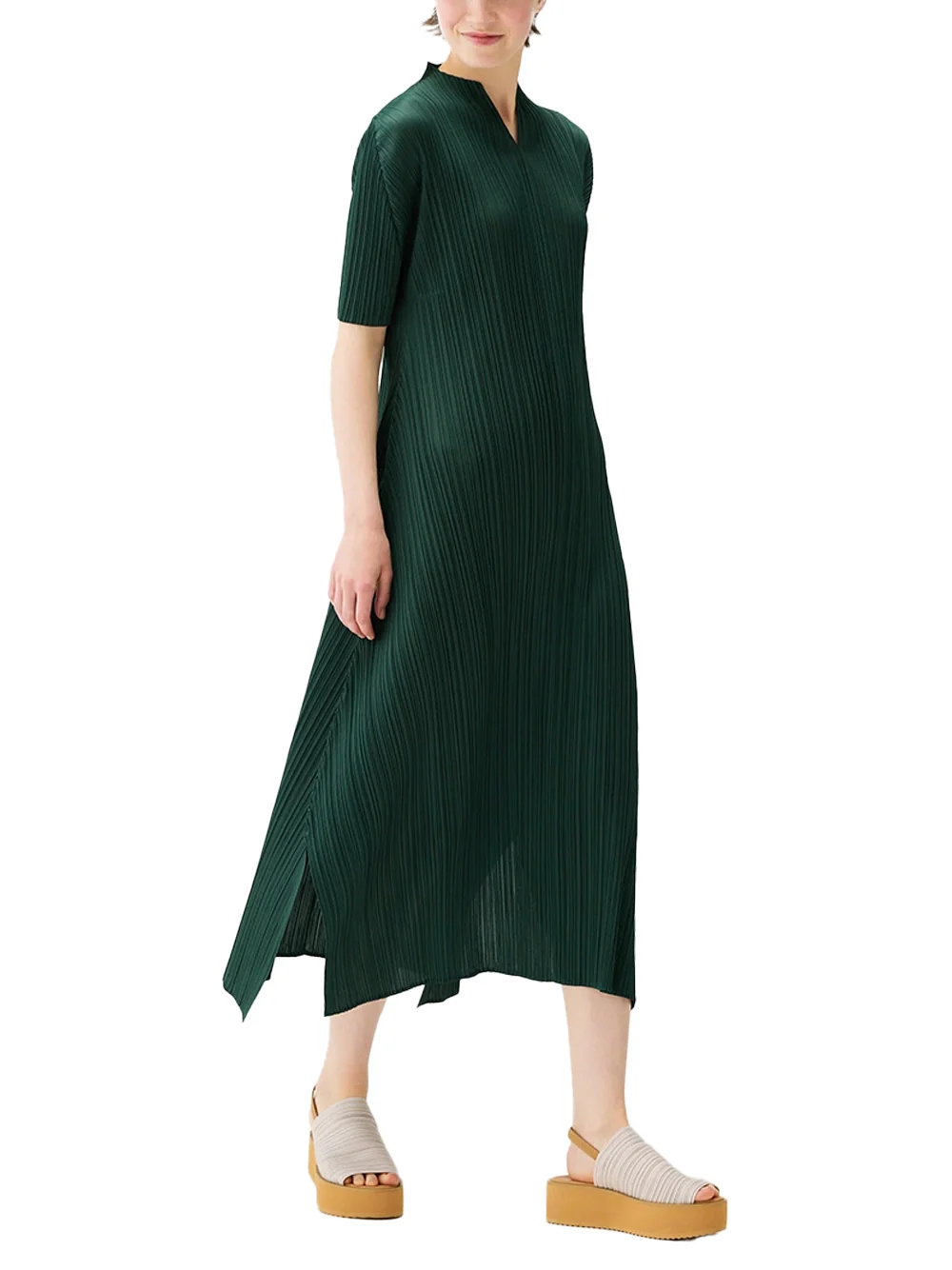 Issey Miyake Pleats Please V Dress Dark Green - Image 3