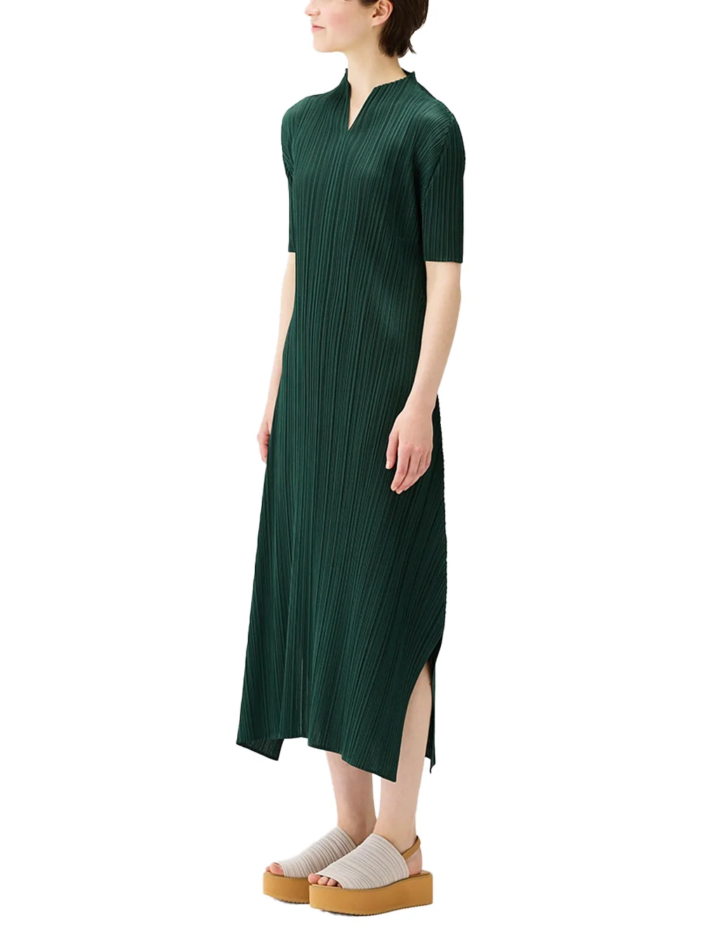 Issey Miyake Pleats Please V Dress Dark Green - Image 4