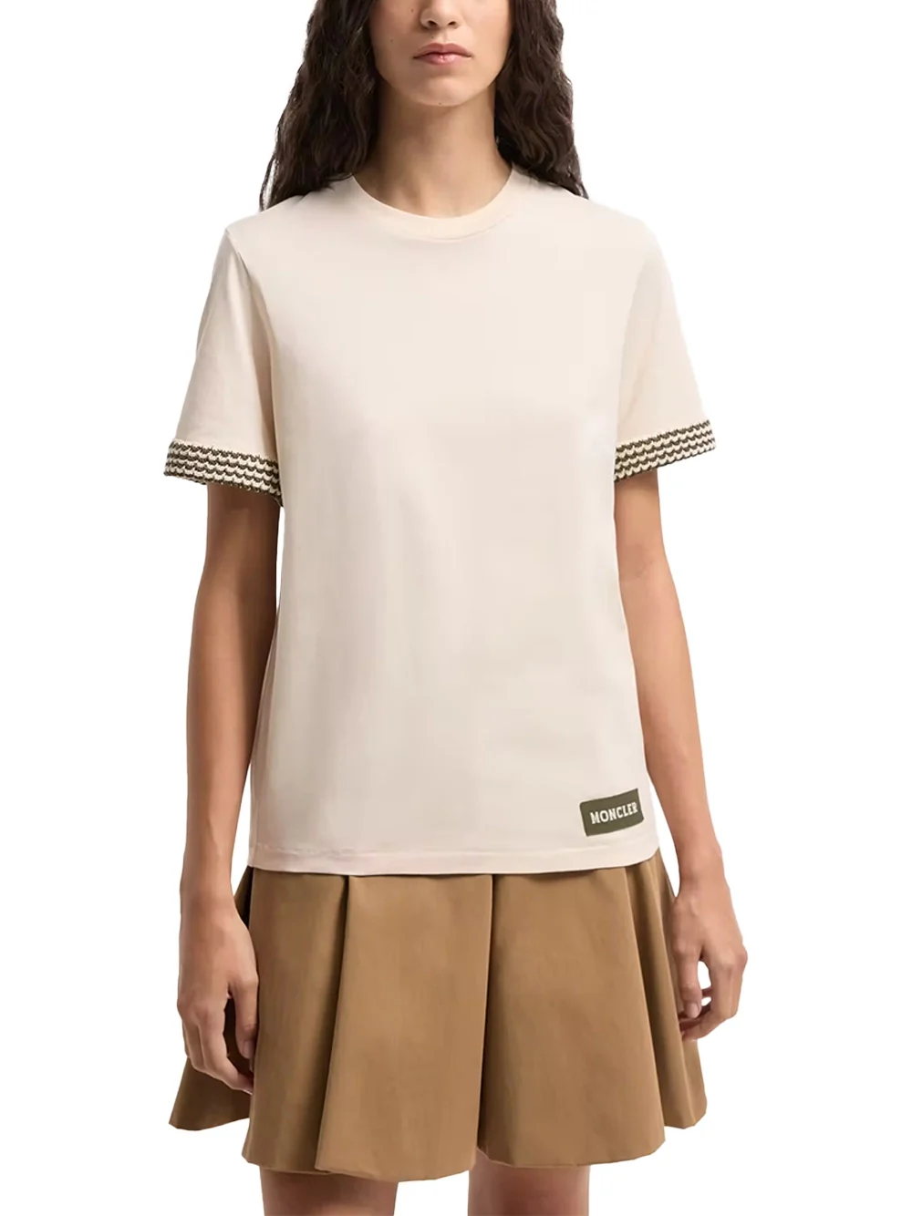 Moncler Women Crochet-Trimmed Cotton Logo T-Shirt Cream - Image 3