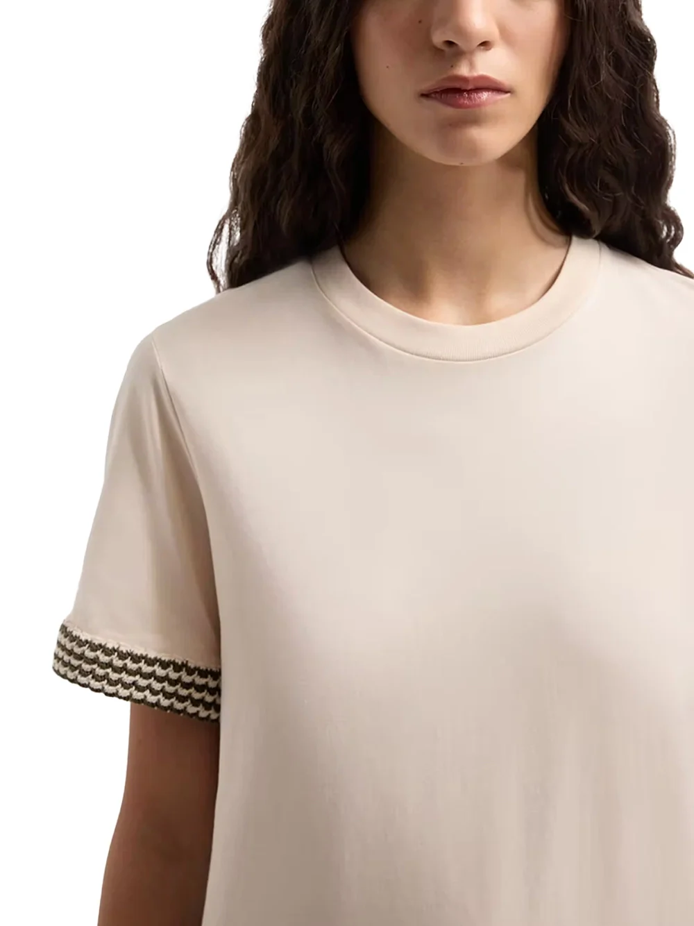 Moncler Women Crochet-Trimmed Cotton Logo T-Shirt Cream - Image 4