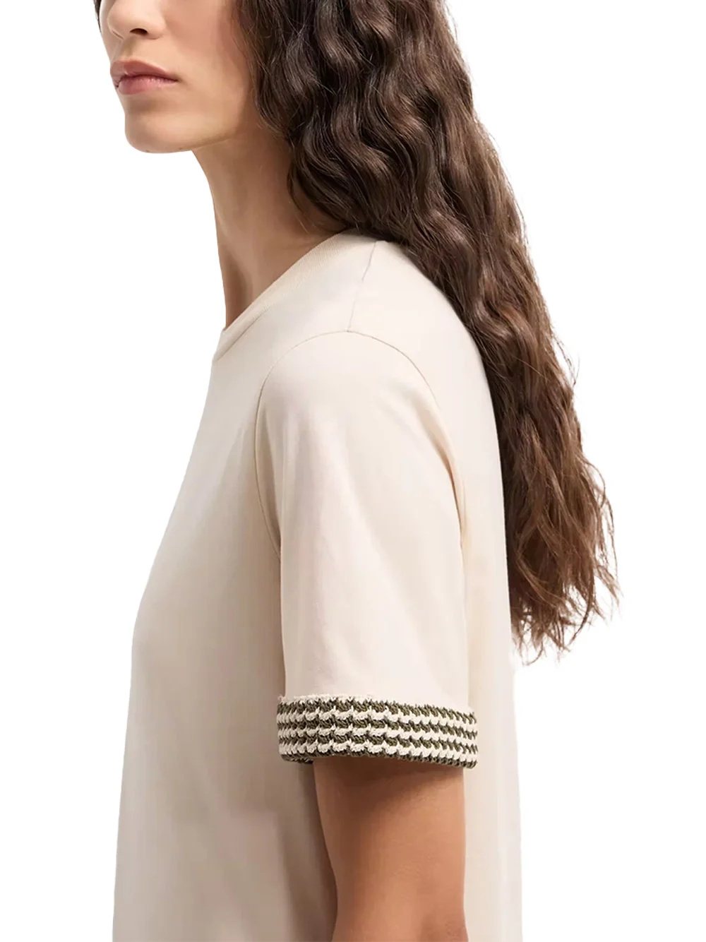 Moncler Women Crochet-Trimmed Cotton Logo T-Shirt Cream - Image 5