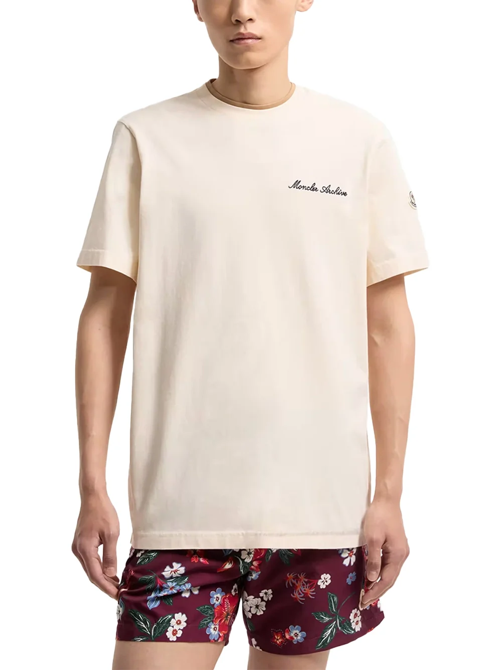 Moncler Men Embroidered Logo Cotton T-Shirt Ivory - Image 3
