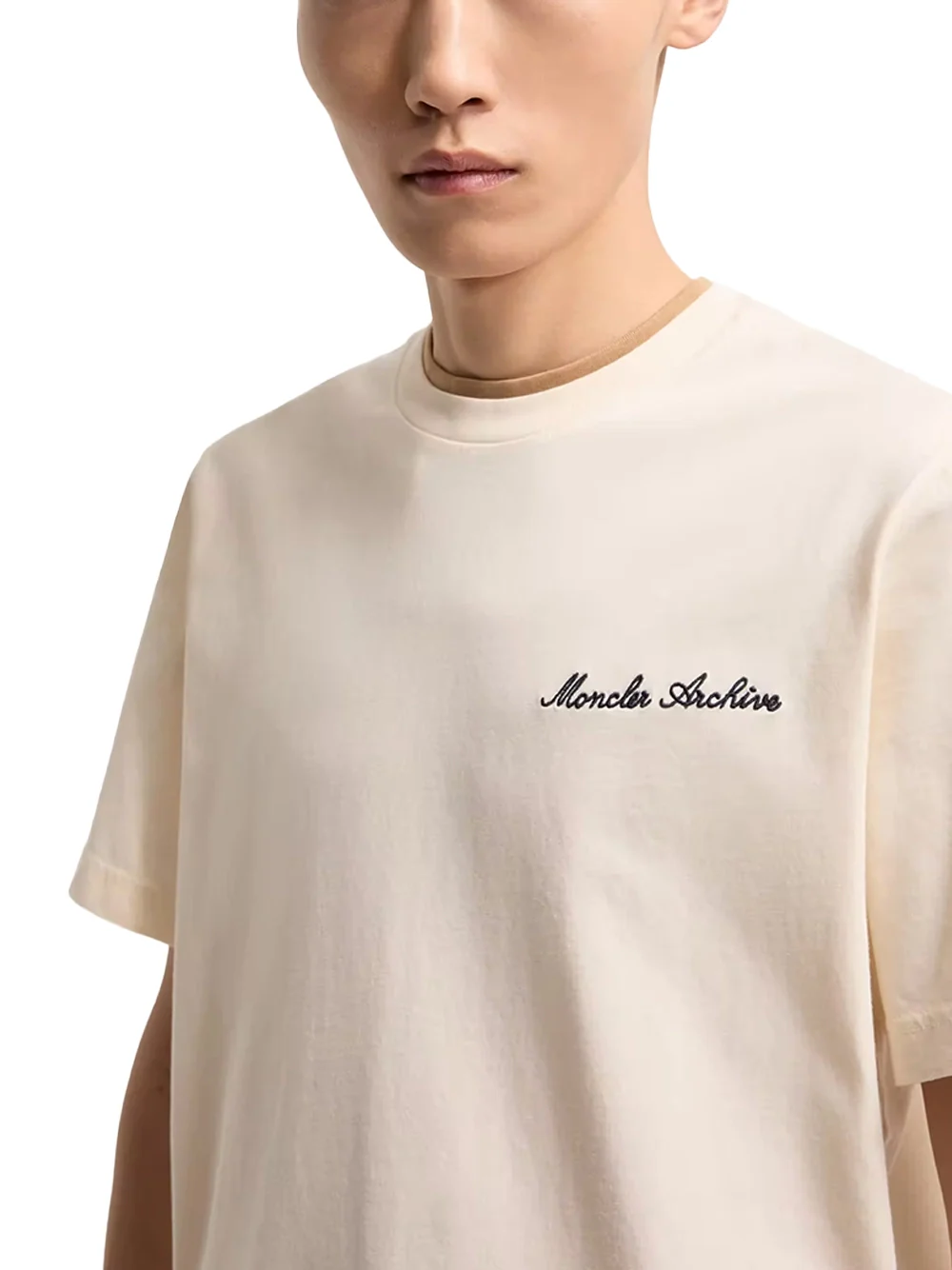 Moncler Men Embroidered Logo Cotton T-Shirt Ivory - Image 4
