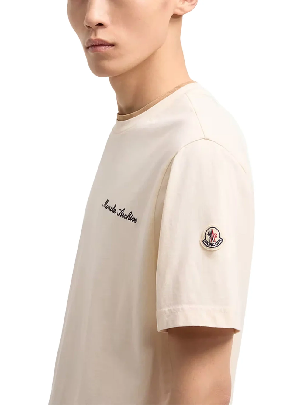Moncler Men Embroidered Logo Cotton T-Shirt Ivory - Image 5