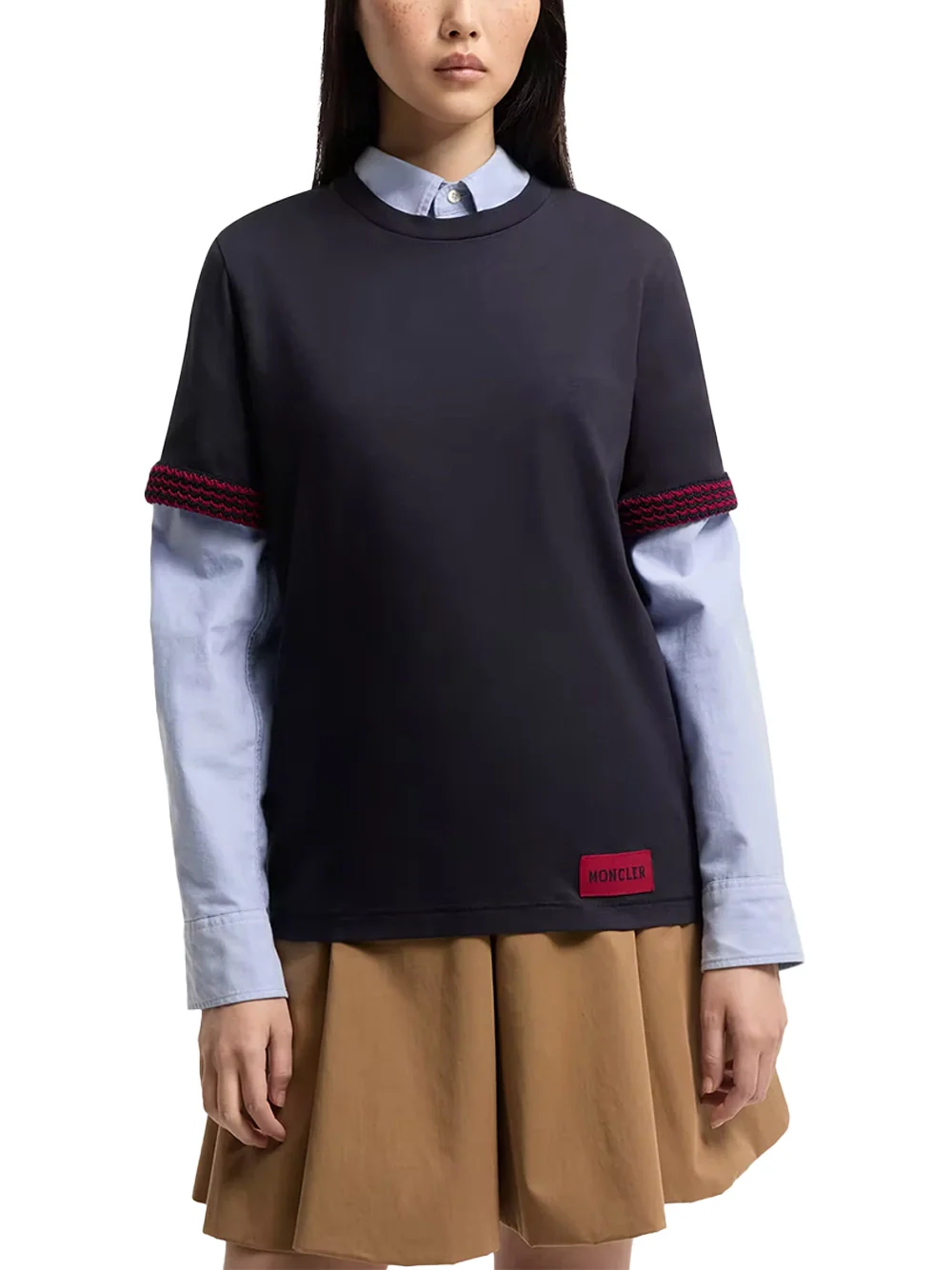 Moncler Women Crochet-Trimmed Cotton Logo T-Shirt Navy - Image 3