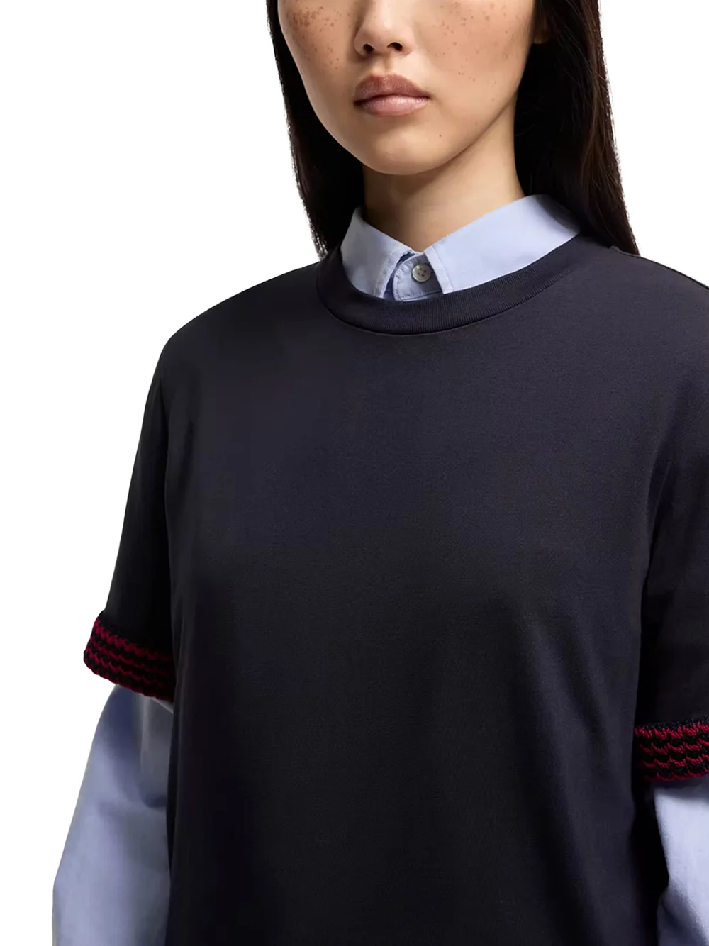 Moncler Women Crochet-Trimmed Cotton Logo T-Shirt Navy - Image 4