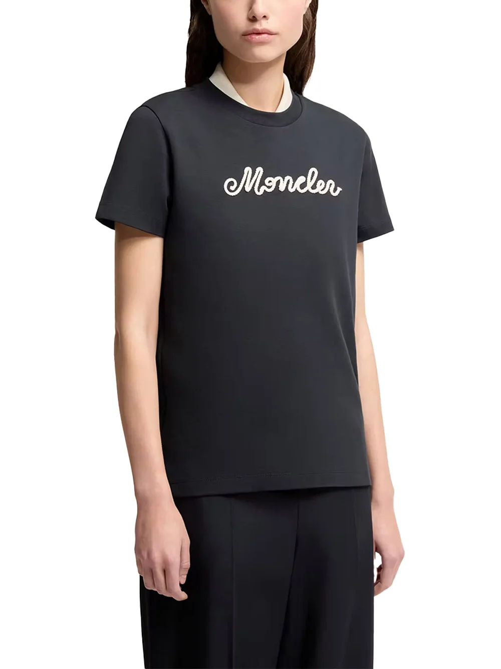 Moncler Women Logo Embroidery Cotton T-Shirt Navy - Image 3