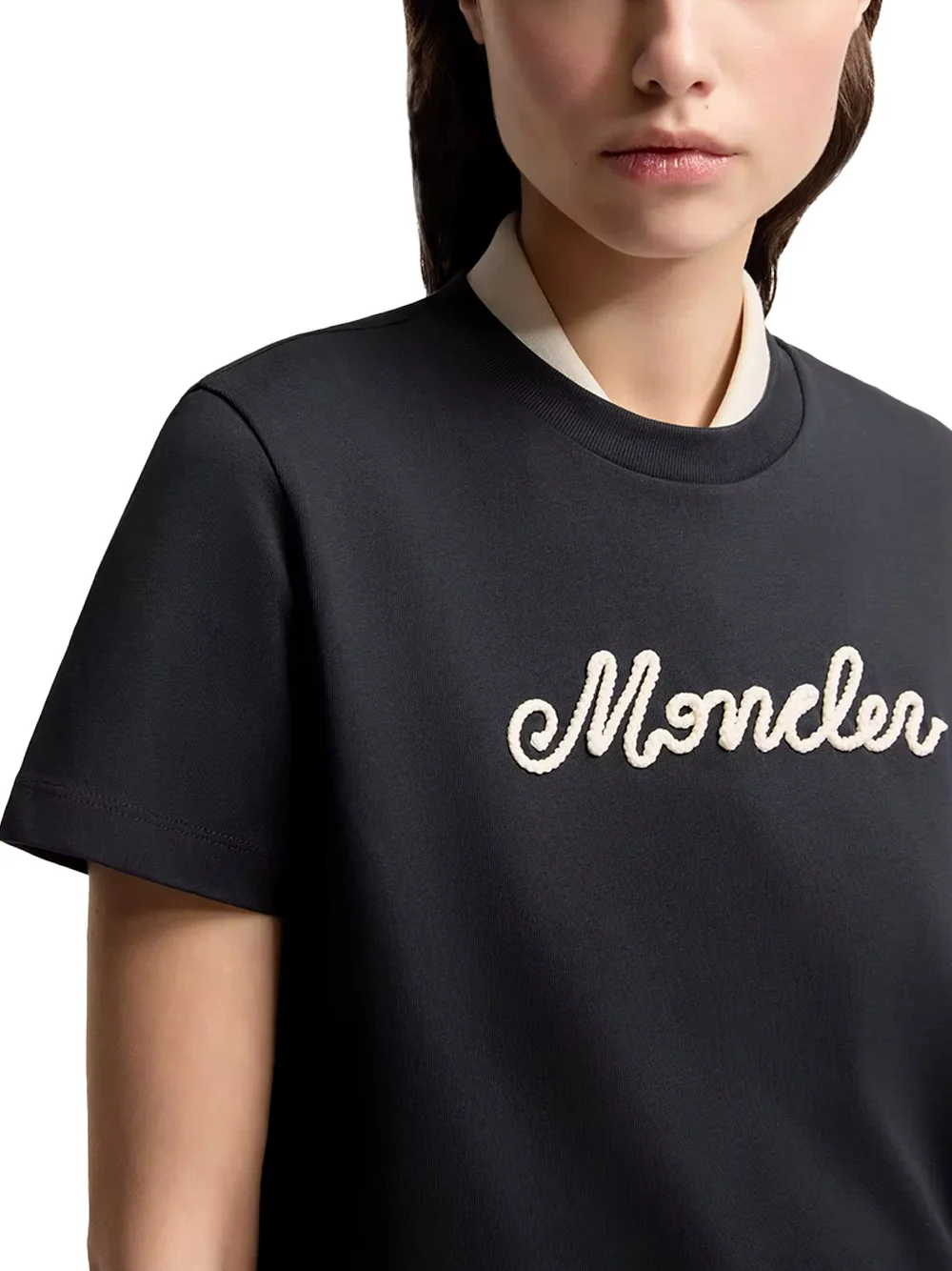 Moncler Women Logo Embroidery Cotton T-Shirt Navy - Image 4