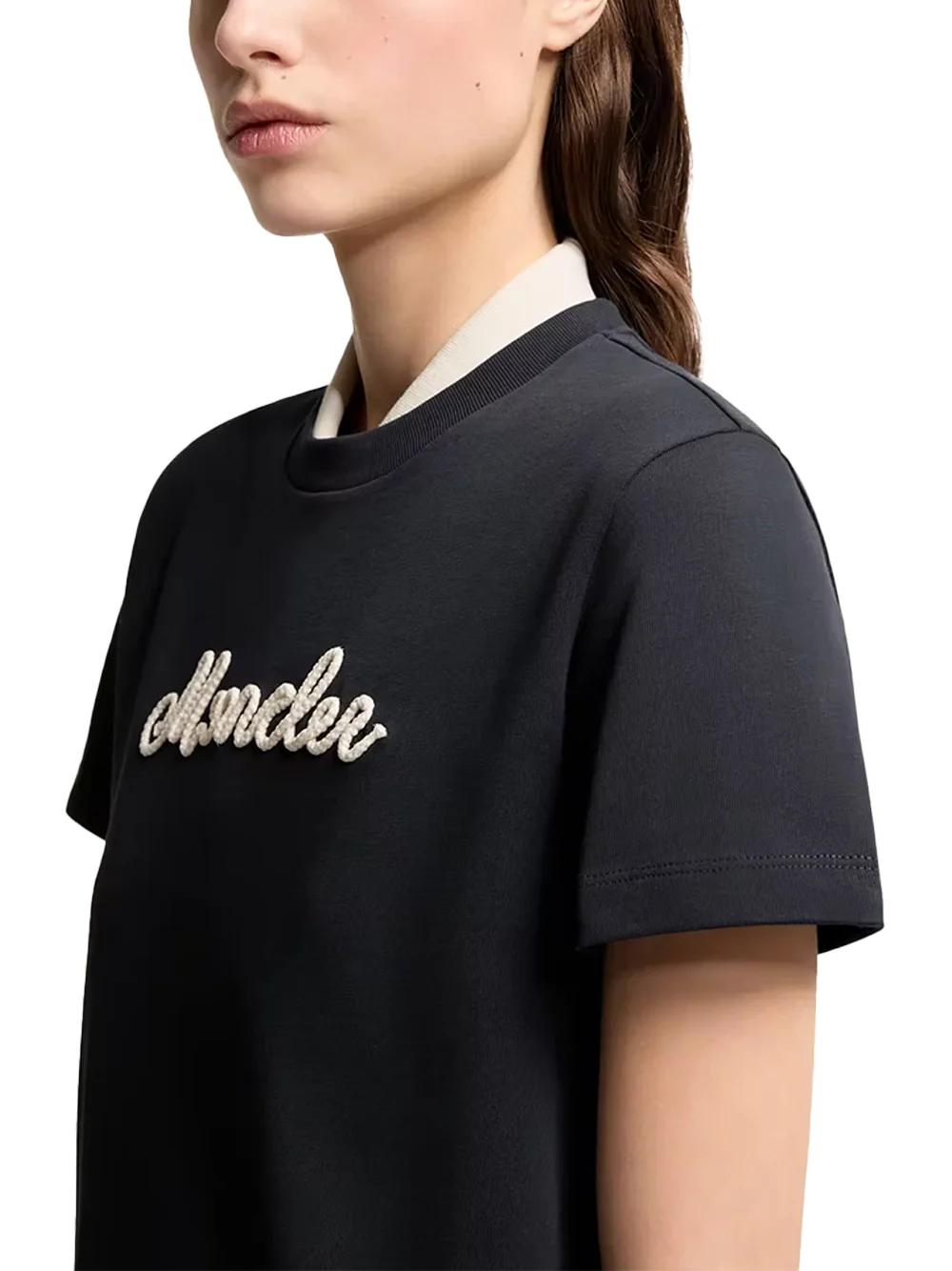 Moncler Women Logo Embroidery Cotton T-Shirt Navy - Image 5