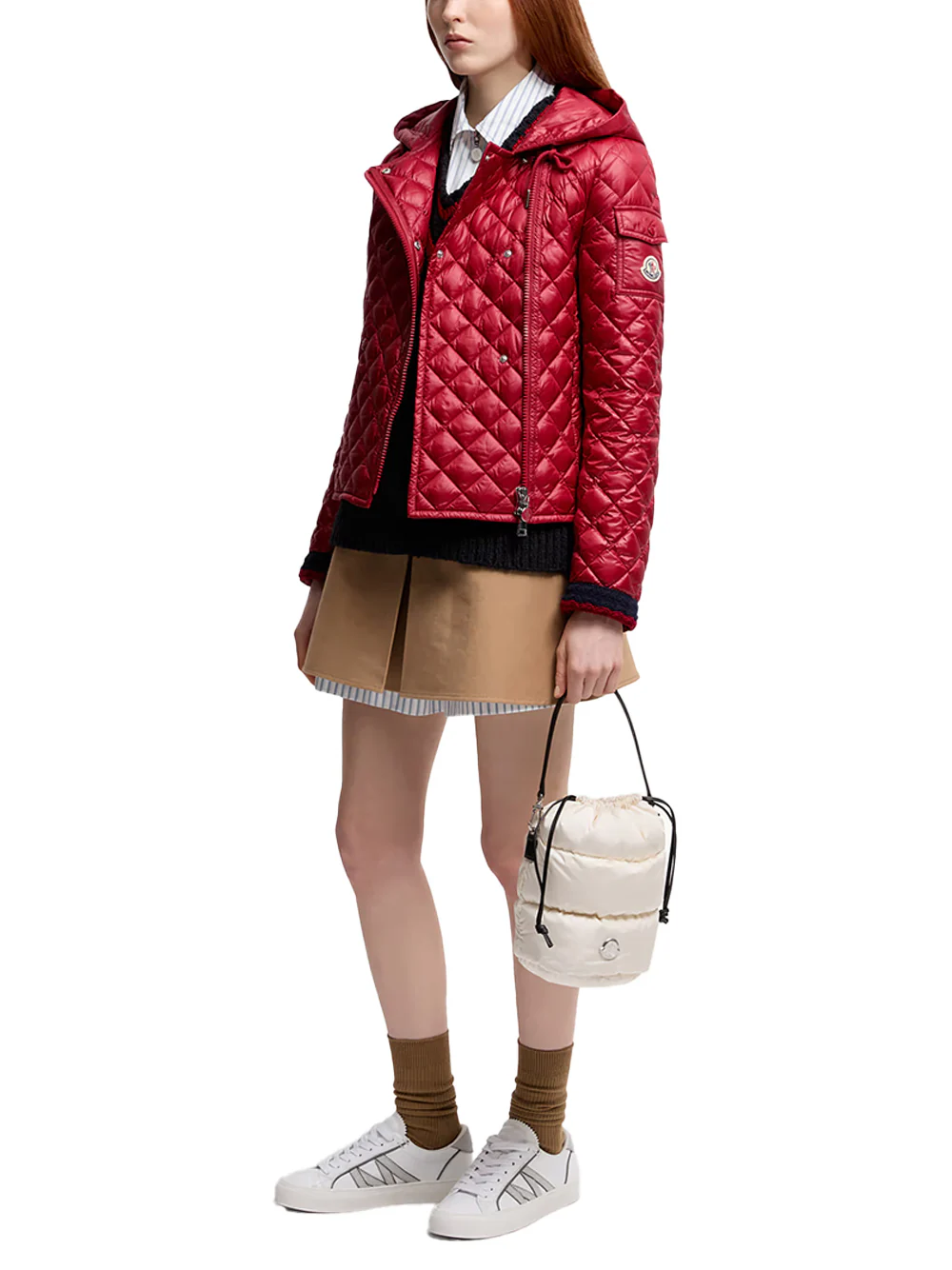 Moncler Women Cotton Gabardine Pleated Mini Skirt Beige - Image 3