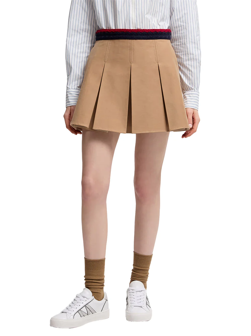 Moncler Women Cotton Gabardine Pleated Mini Skirt Beige - Image 4