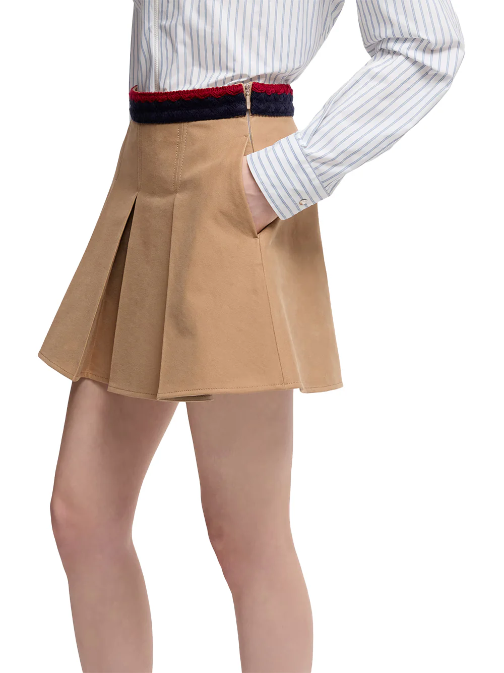 Moncler Women Cotton Gabardine Pleated Mini Skirt Beige - Image 5
