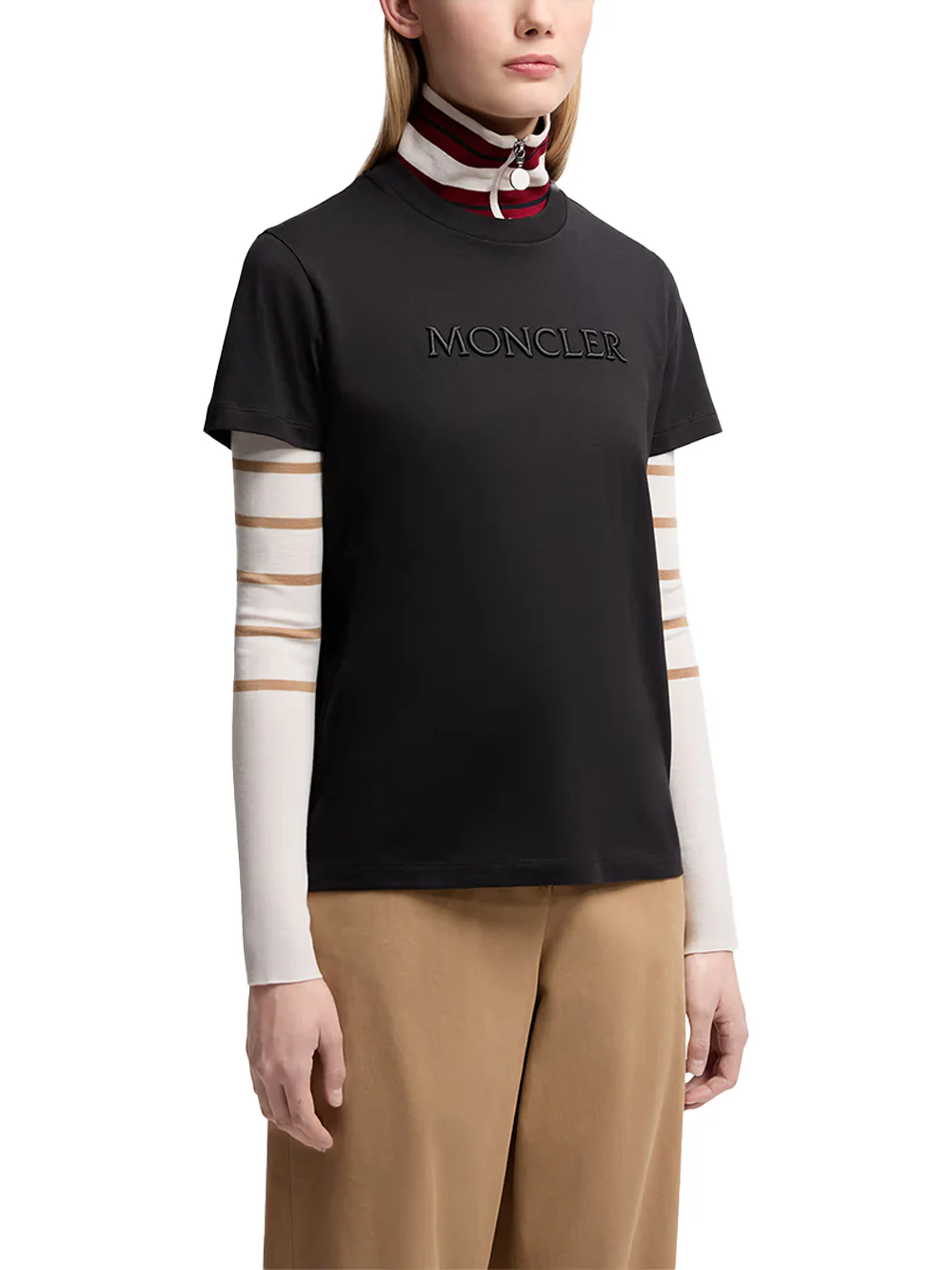 Moncler women Embroidered Tonal Logo Cotton T-Shirt Black - Image 5