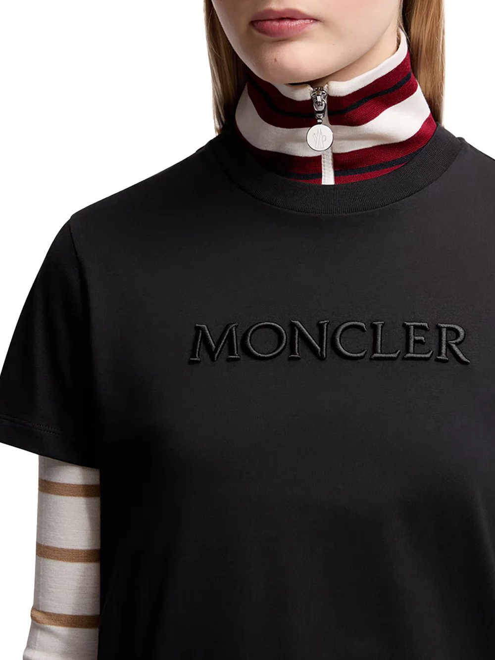 Moncler women Embroidered Tonal Logo Cotton T-Shirt Black - Image 7