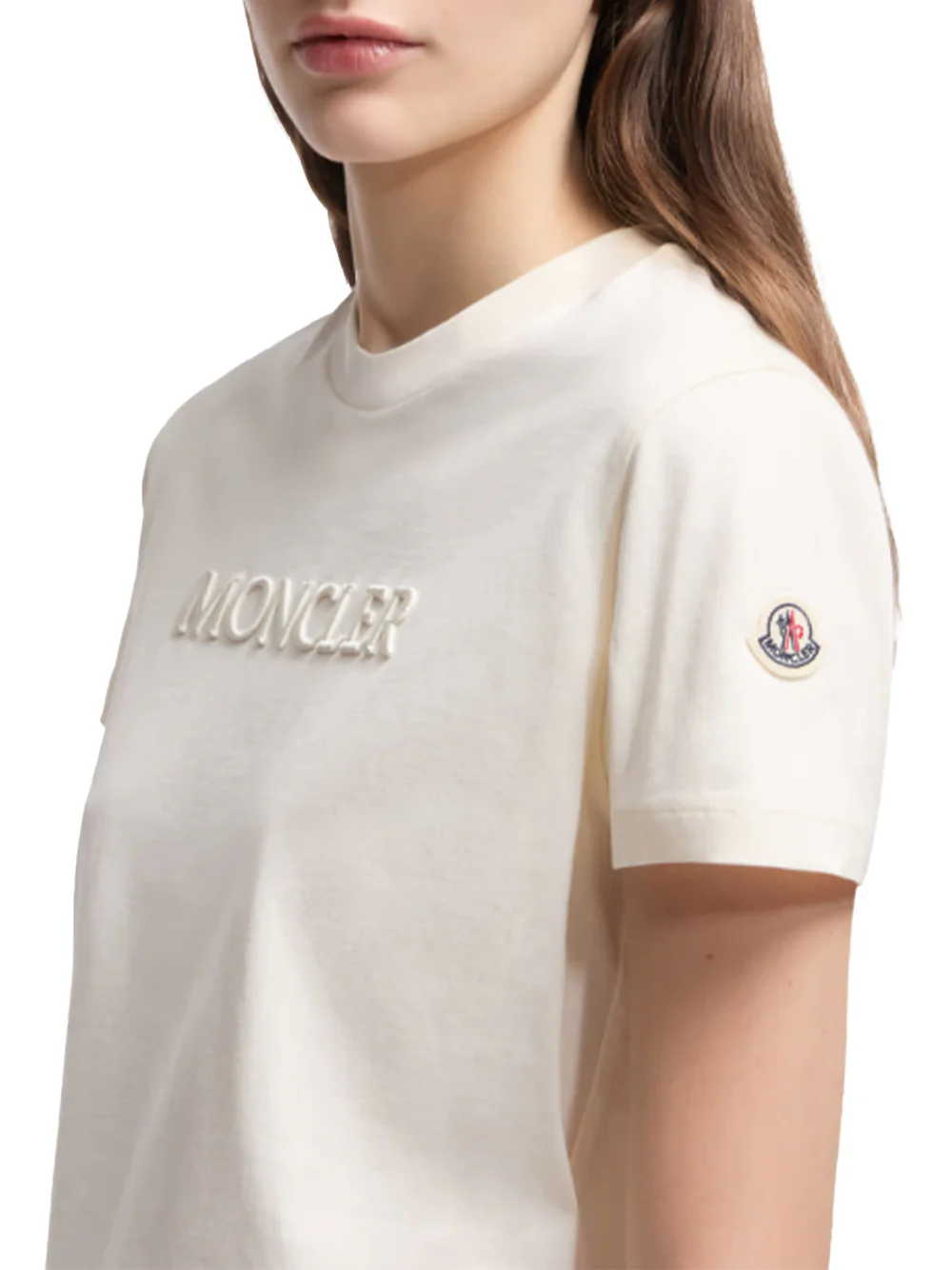 Moncler women Embroidered Tonal Logo Cotton T-Shirt Ivory - Image 3
