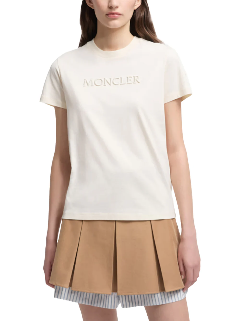 Moncler women Embroidered Tonal Logo Cotton T-Shirt Ivory - Image 4