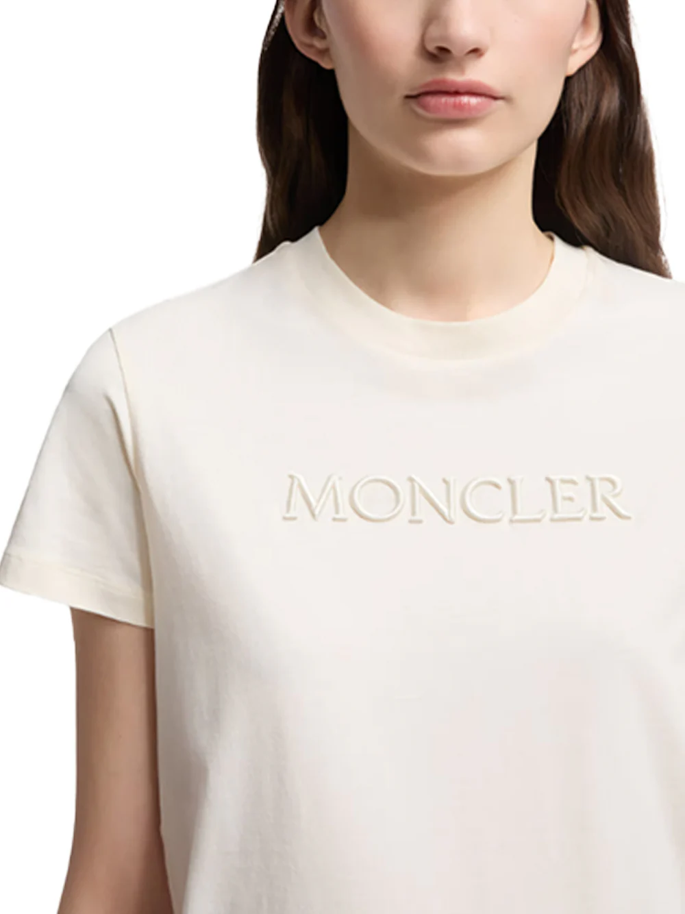 Moncler women Embroidered Tonal Logo Cotton T-Shirt Ivory - Image 6