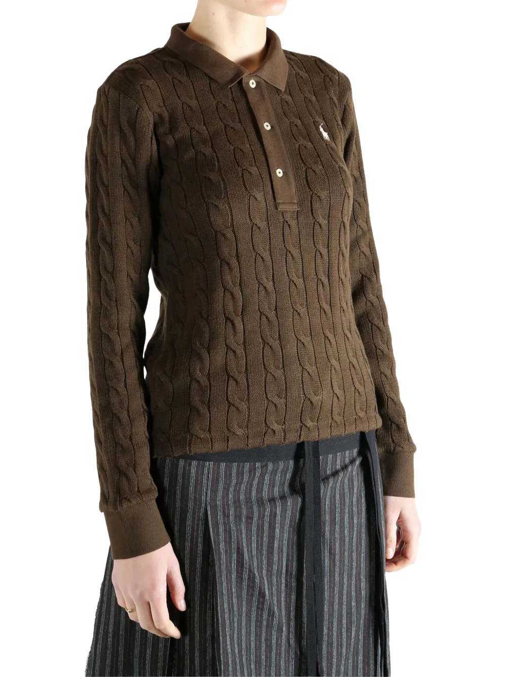 Polo Ralph Lauren Cable-Knit Buttoned Polo Top Dark Brown - Image 3