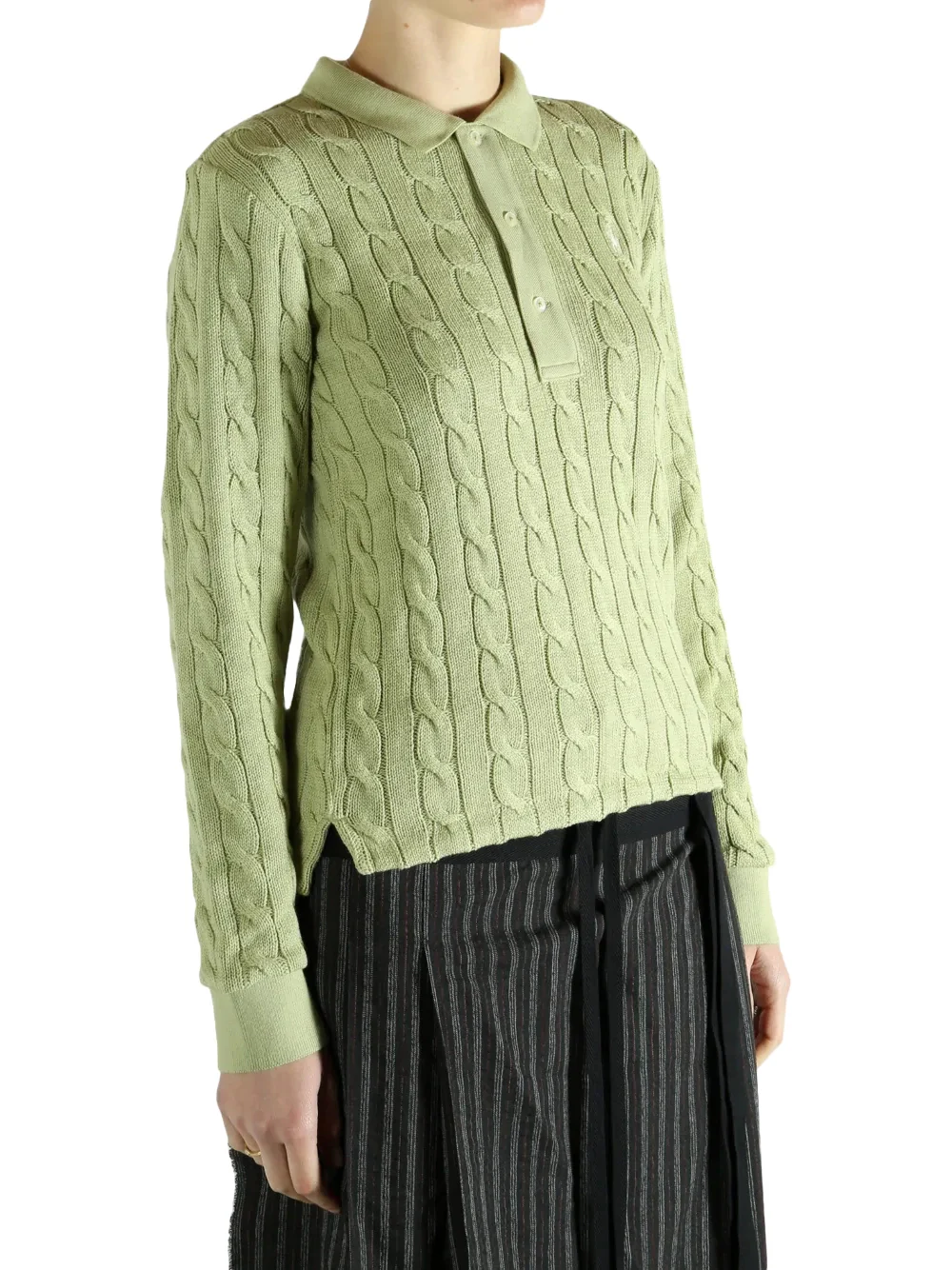 Polo Ralph Lauren Cable-Knit Buttoned Polo Top Green - Image 3
