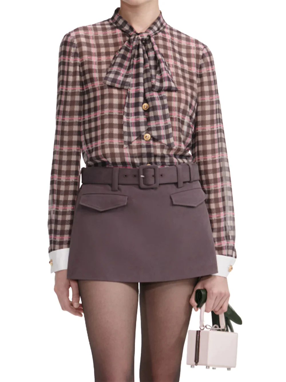 Self-Portrait Check Chiffon Blouse Brown - Image 5