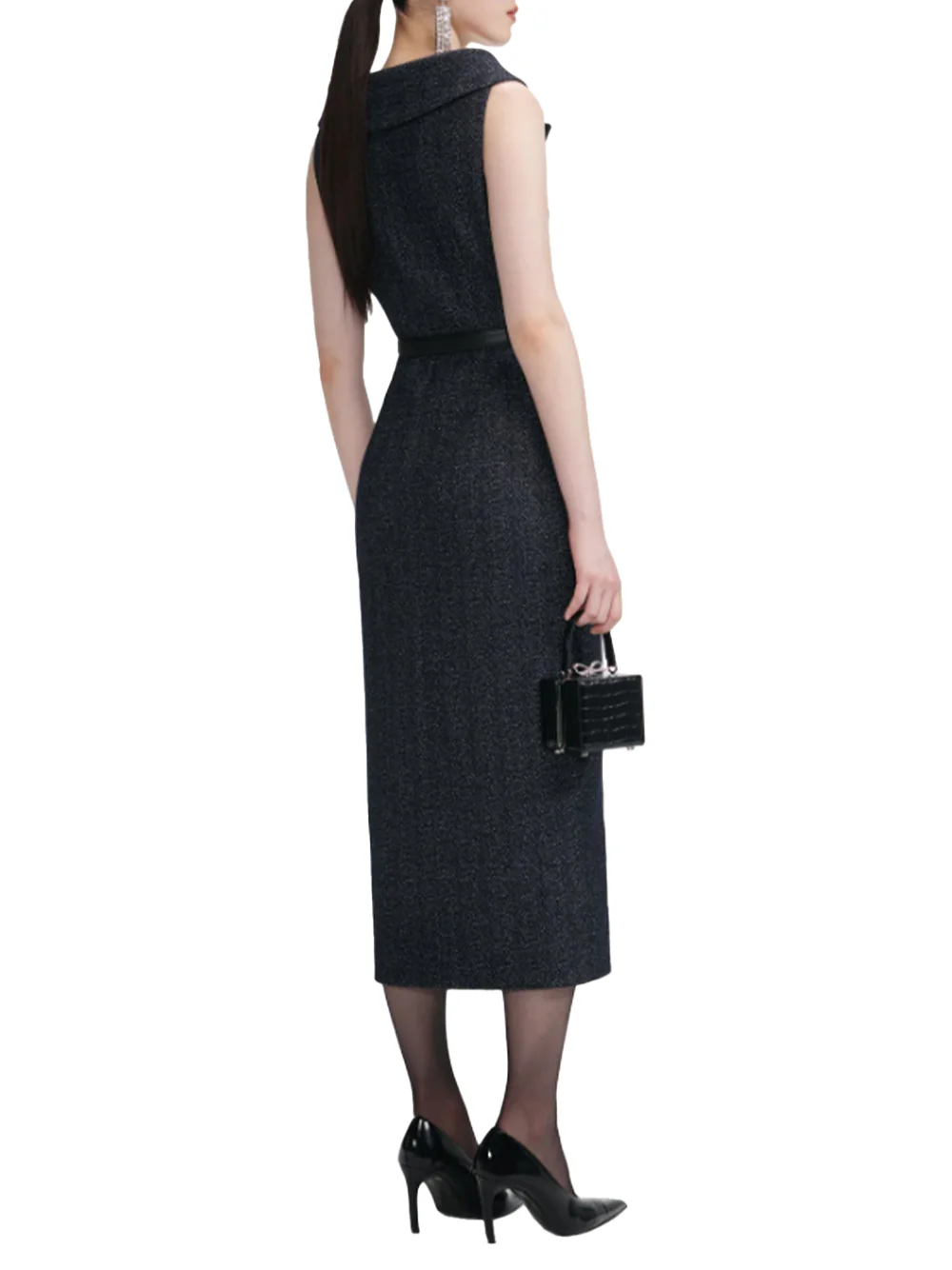Self-Portrait Navy Herringbone Wool Midi Dress - Image 3