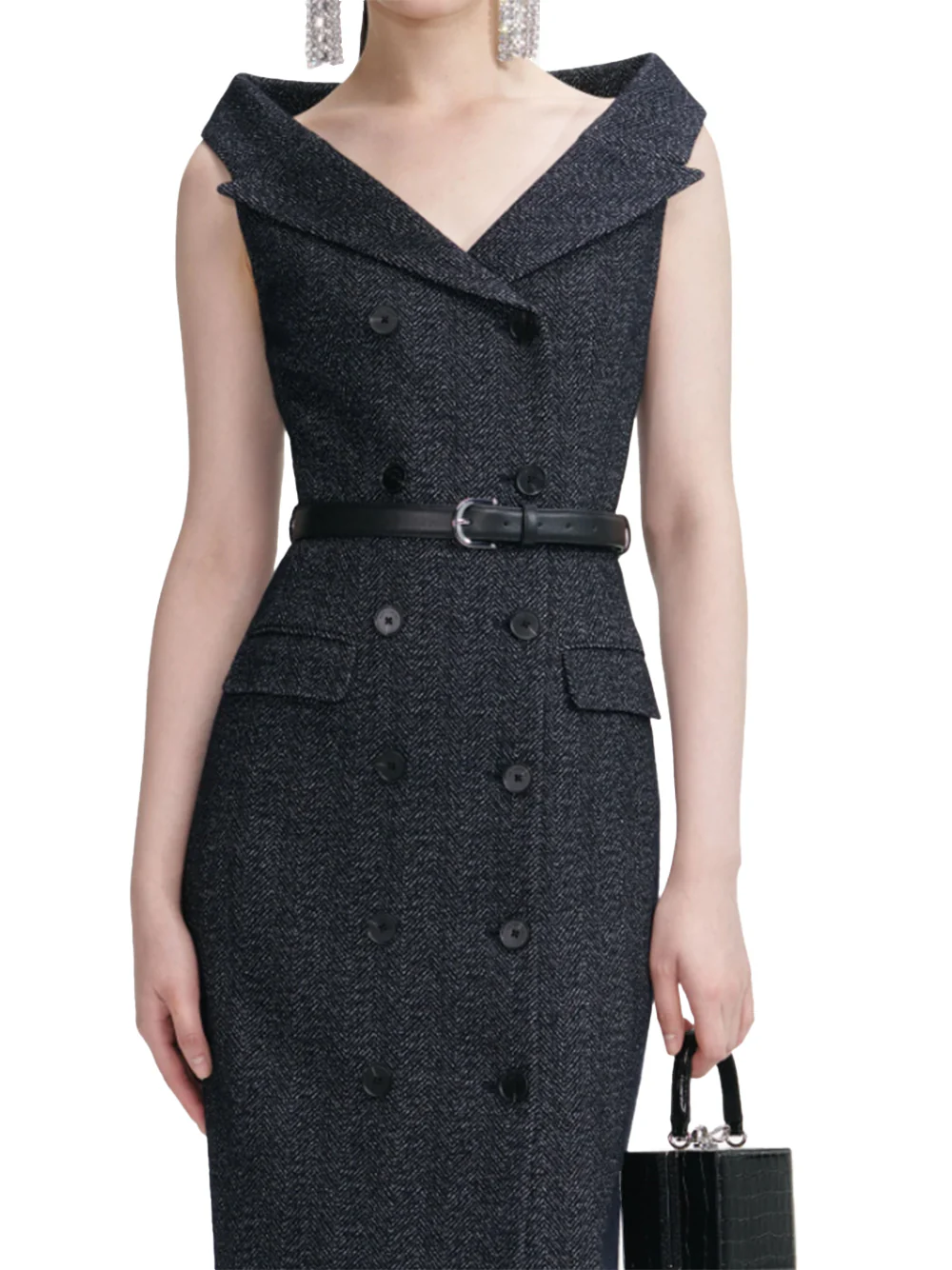 Self-Portrait Navy Herringbone Wool Midi Dress - Image 4