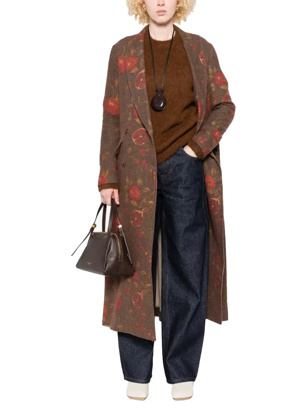 Uma Wang Women's pomegranate-print double-breasted coat Tan/green - Image 2