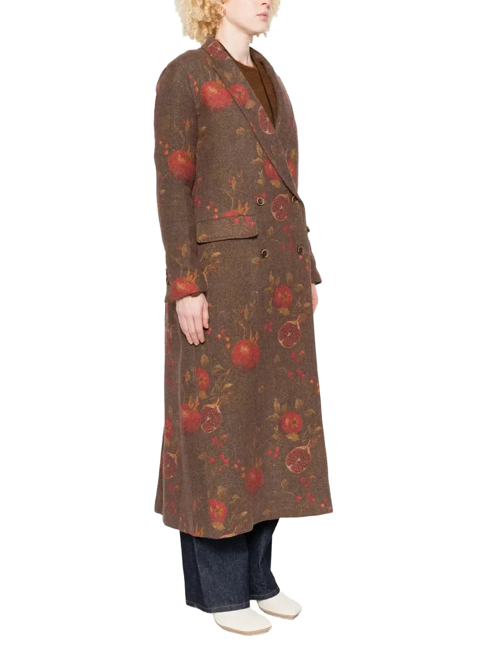 Uma Wang Women's pomegranate-print double-breasted coat Tan/green - Image 3